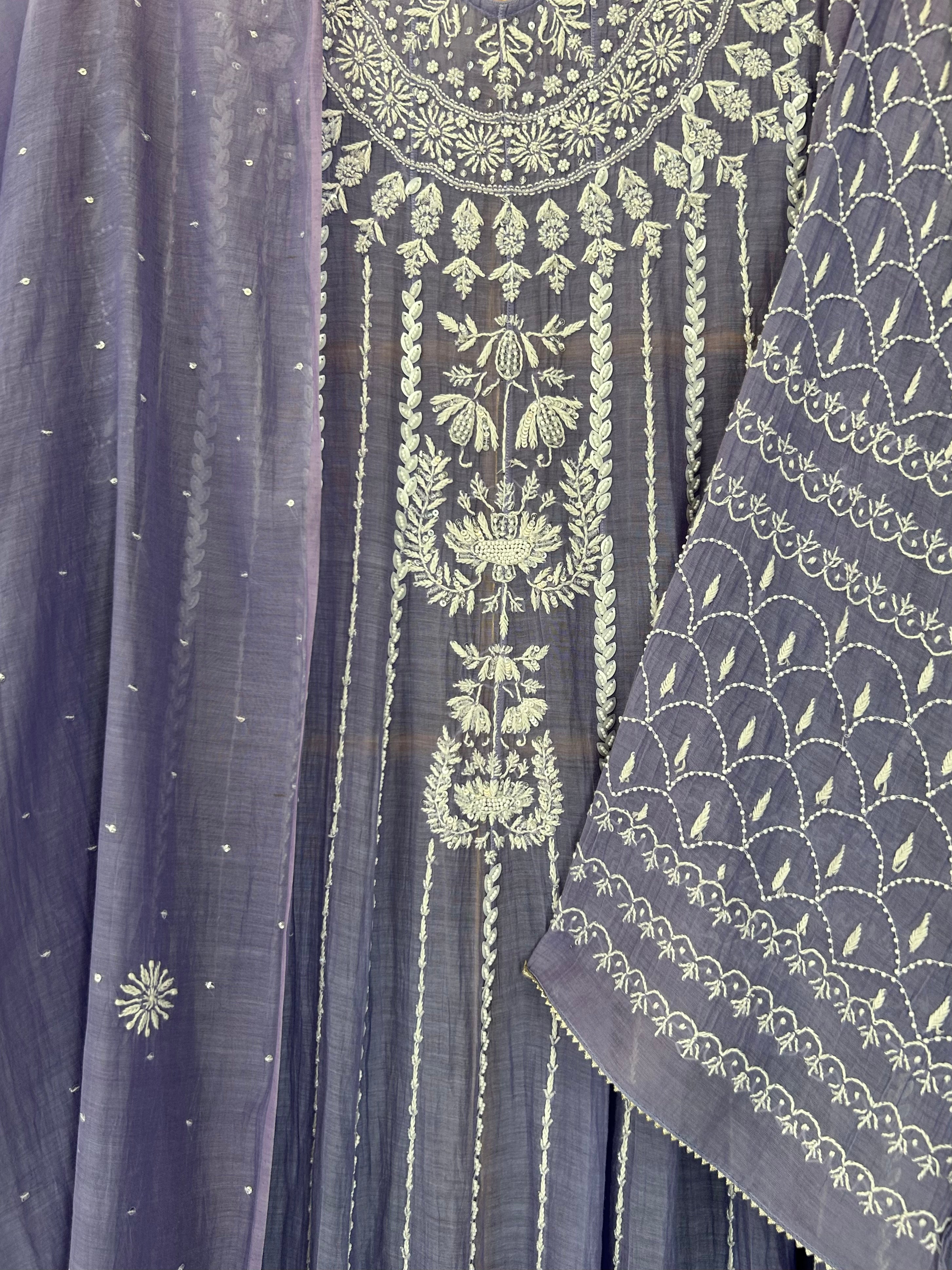Purple Mul Chanderi Chikankari Anarkali Set