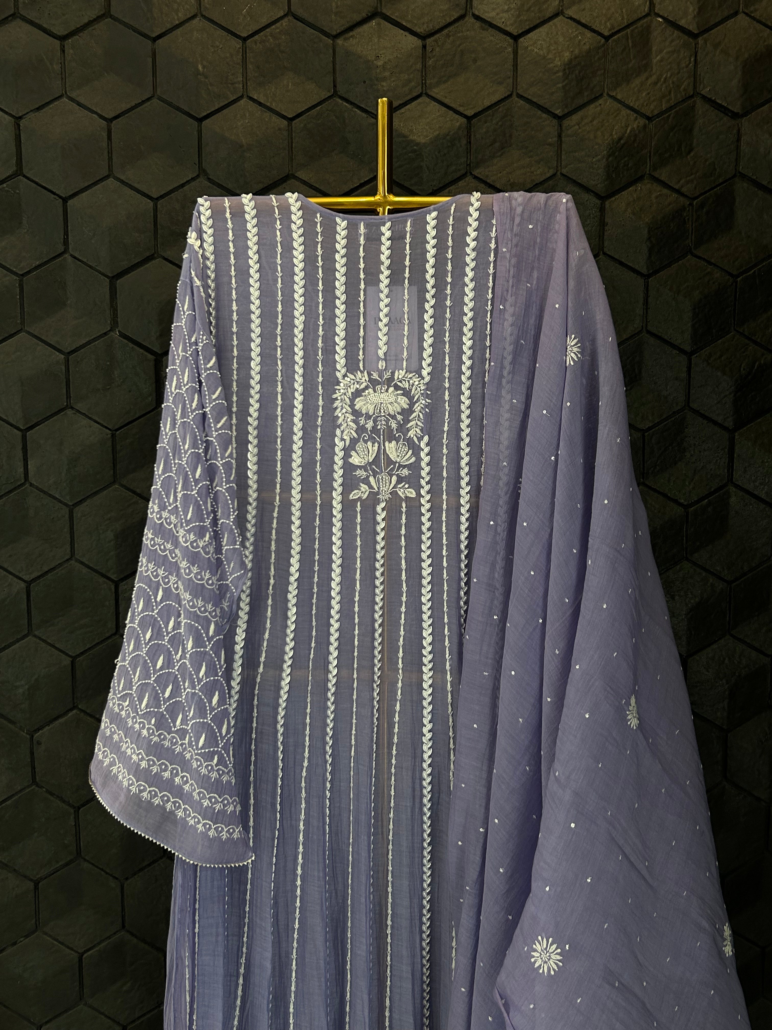 Purple Mul Chanderi Chikankari Anarkali Set