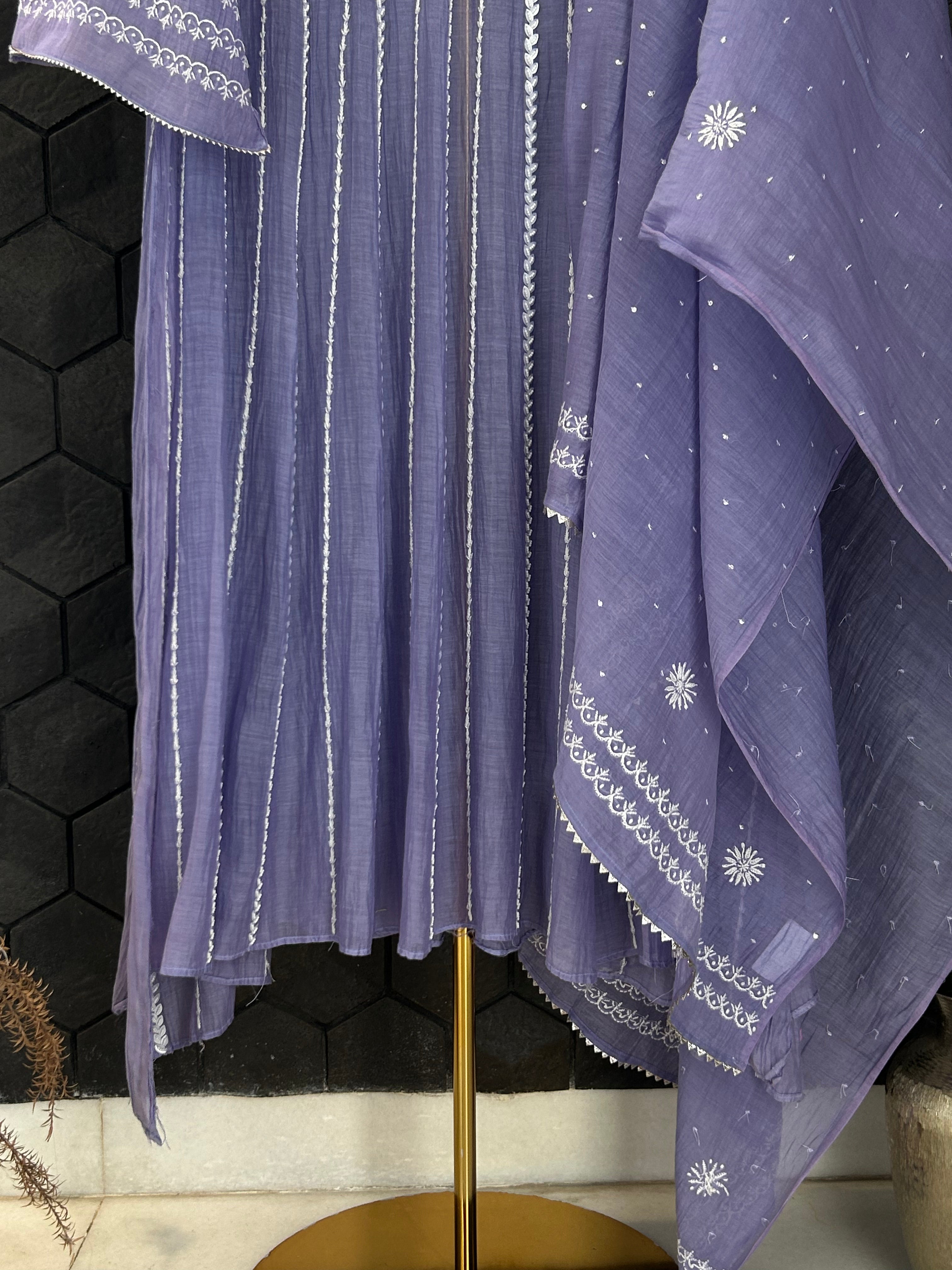 Purple Mul Chanderi Chikankari Anarkali Set
