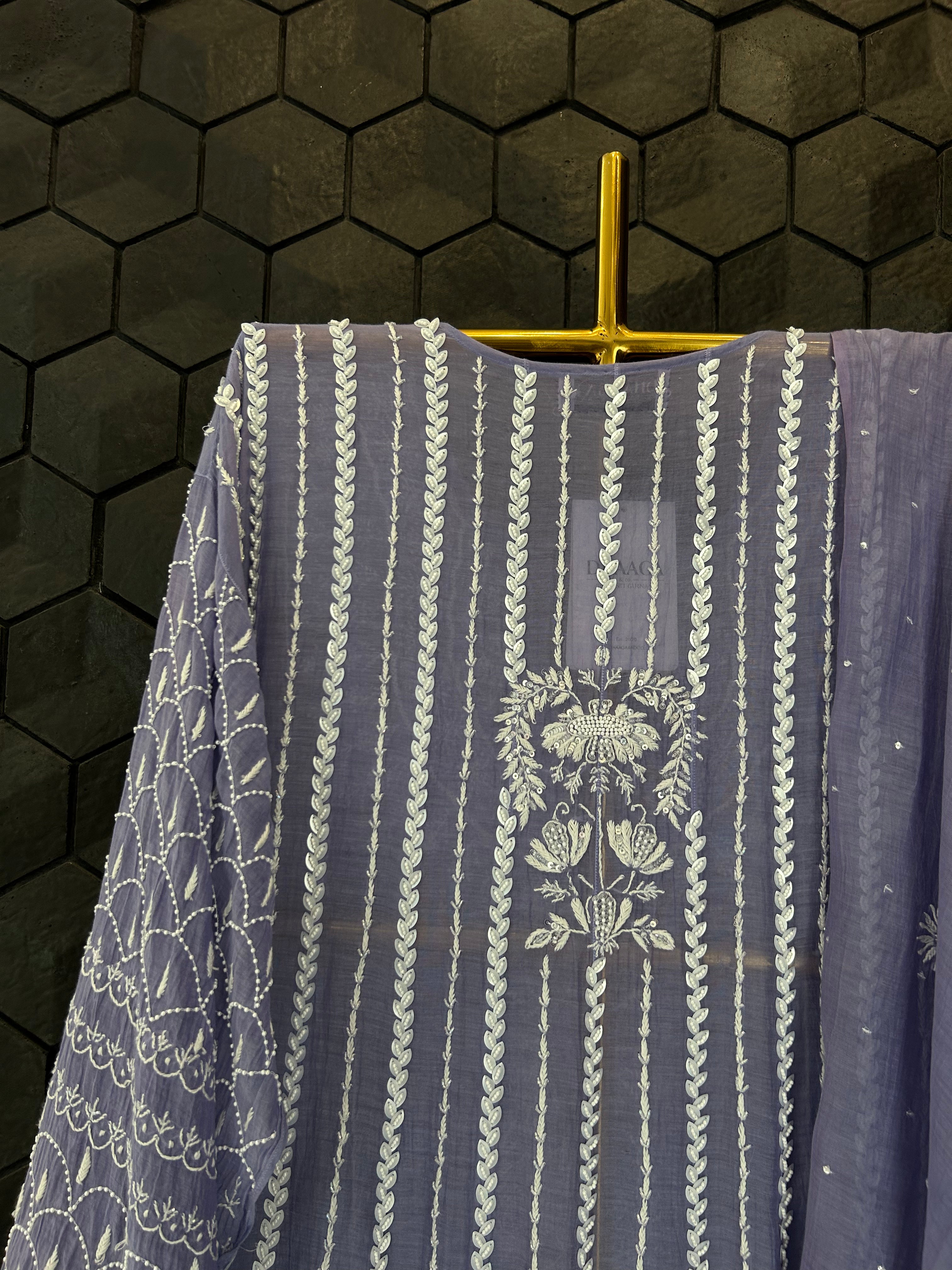 Purple Mul Chanderi Chikankari Anarkali Set