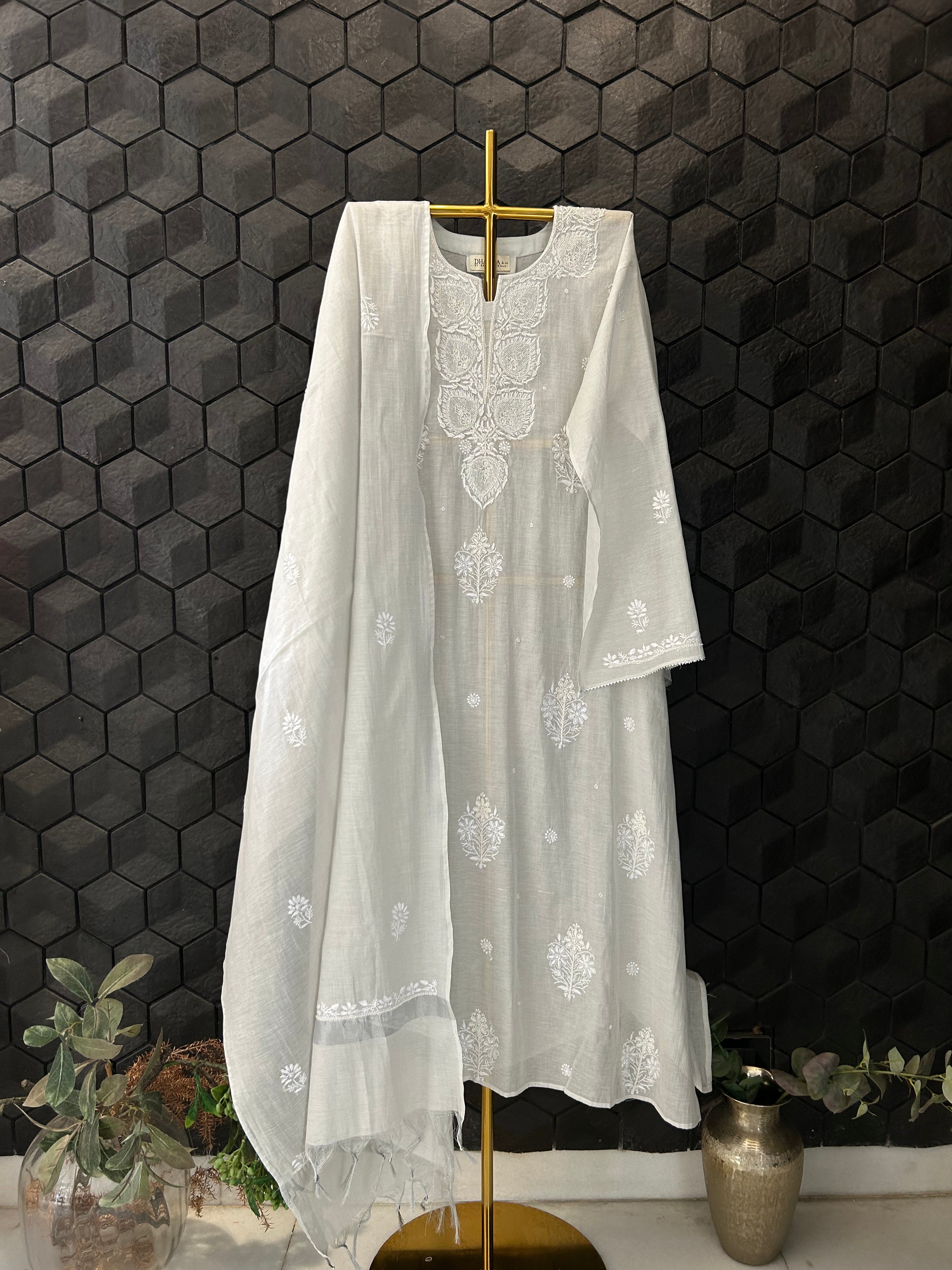 Silver Tissue Chikankari Kurta Set