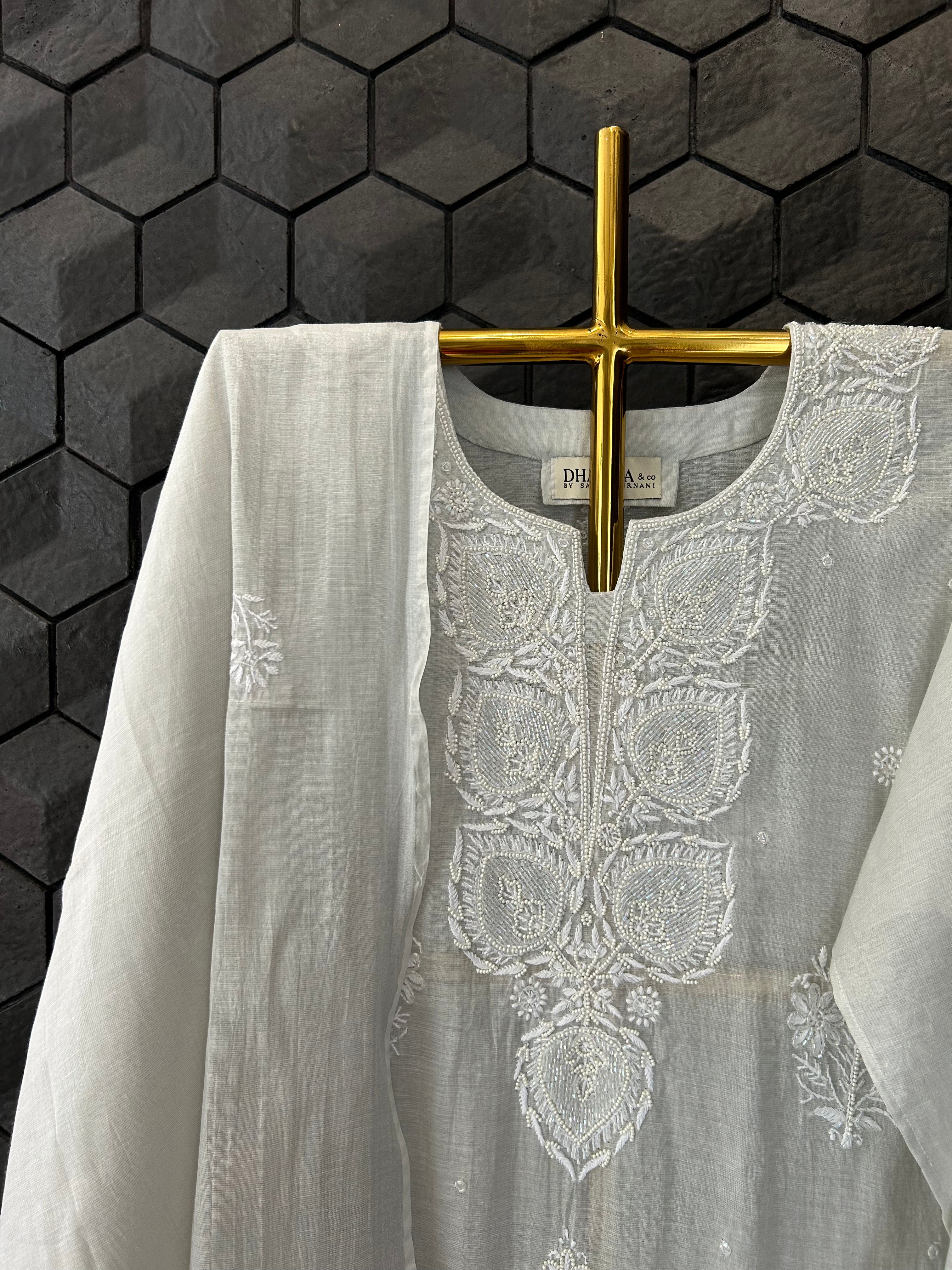 Silver Tissue Chikankari Kurta Set