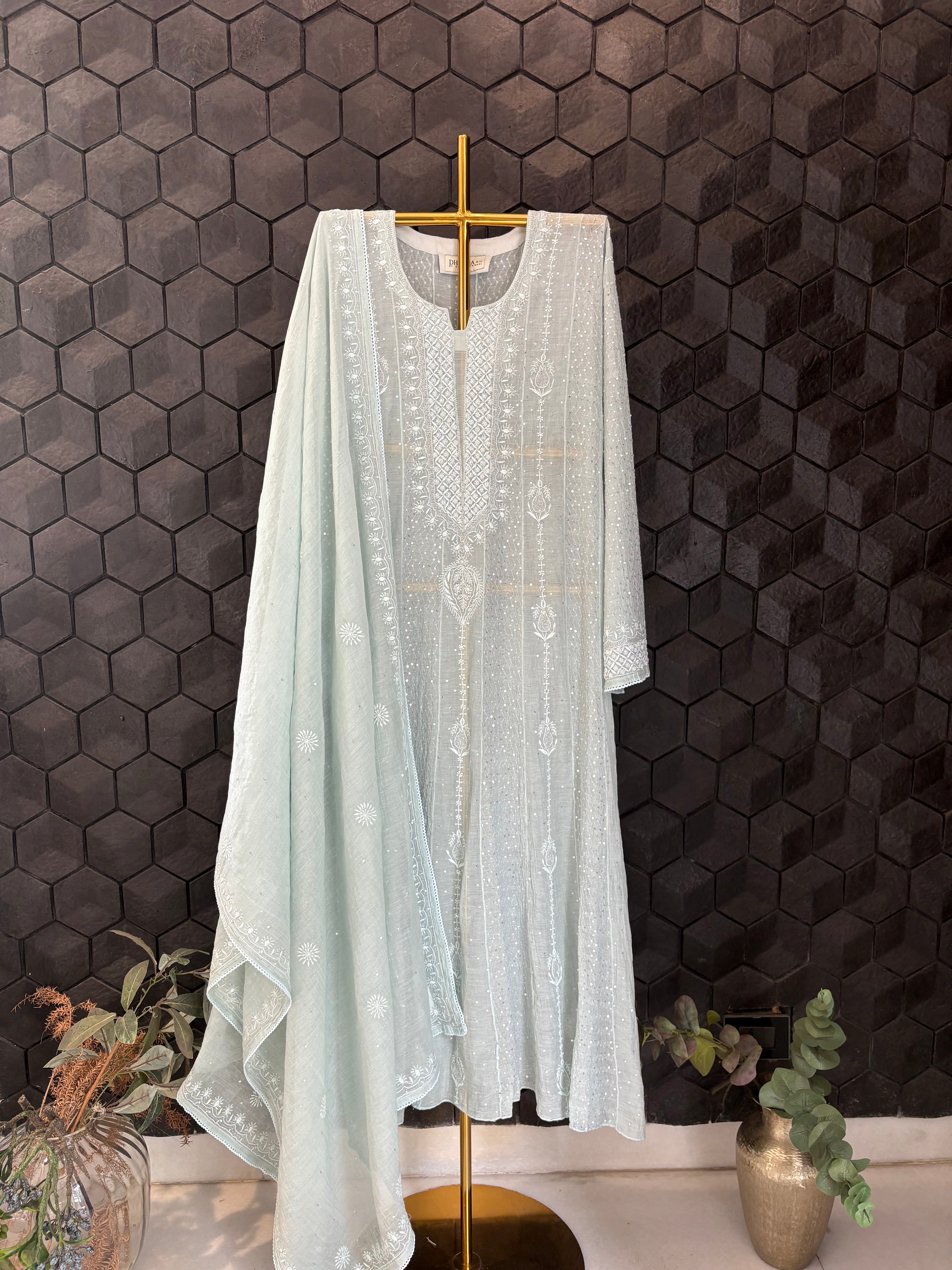 Sea Green Silver Tissue Anarkali Set
