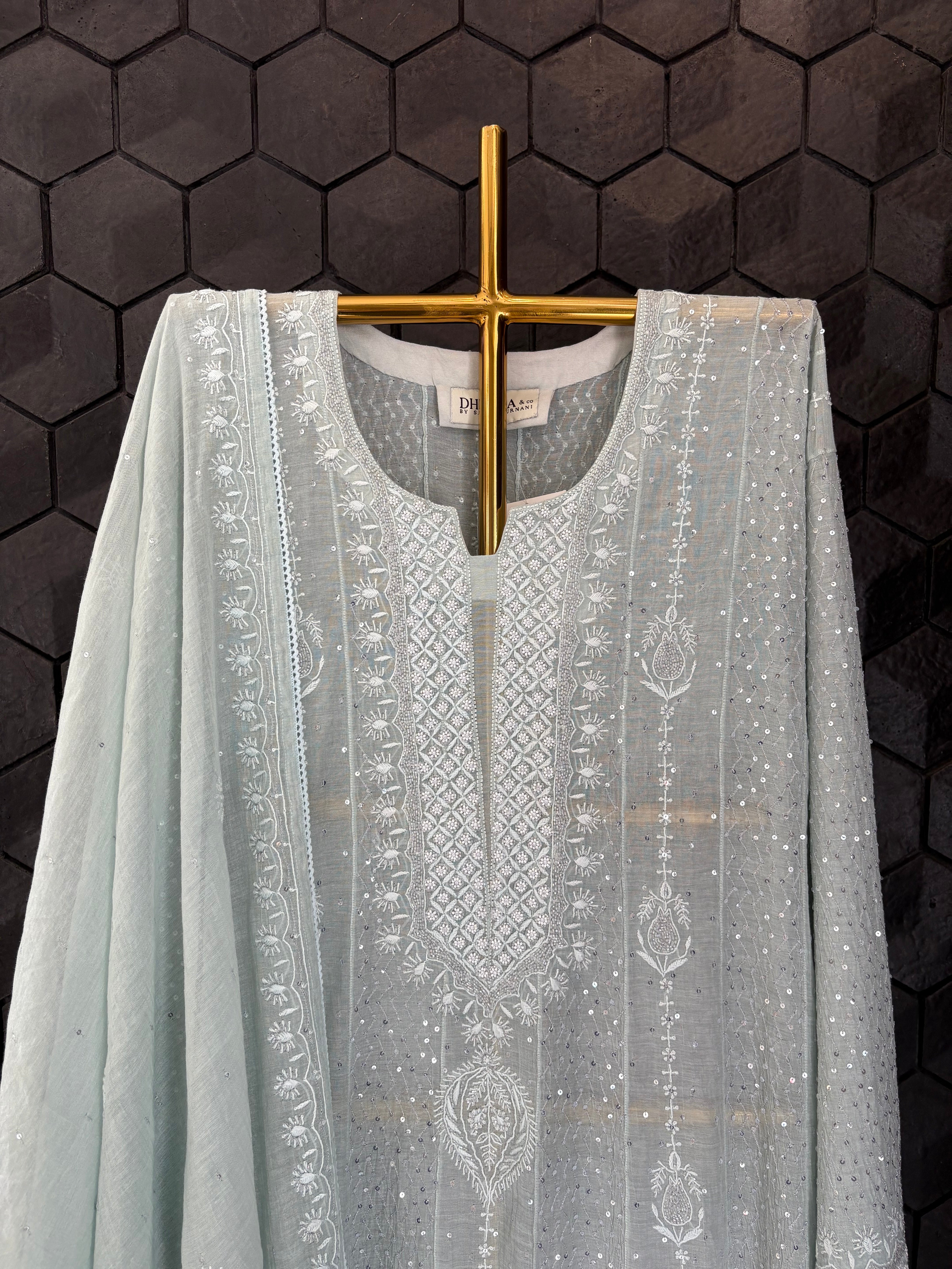 Sea Green Silver Tissue Anarkali Set