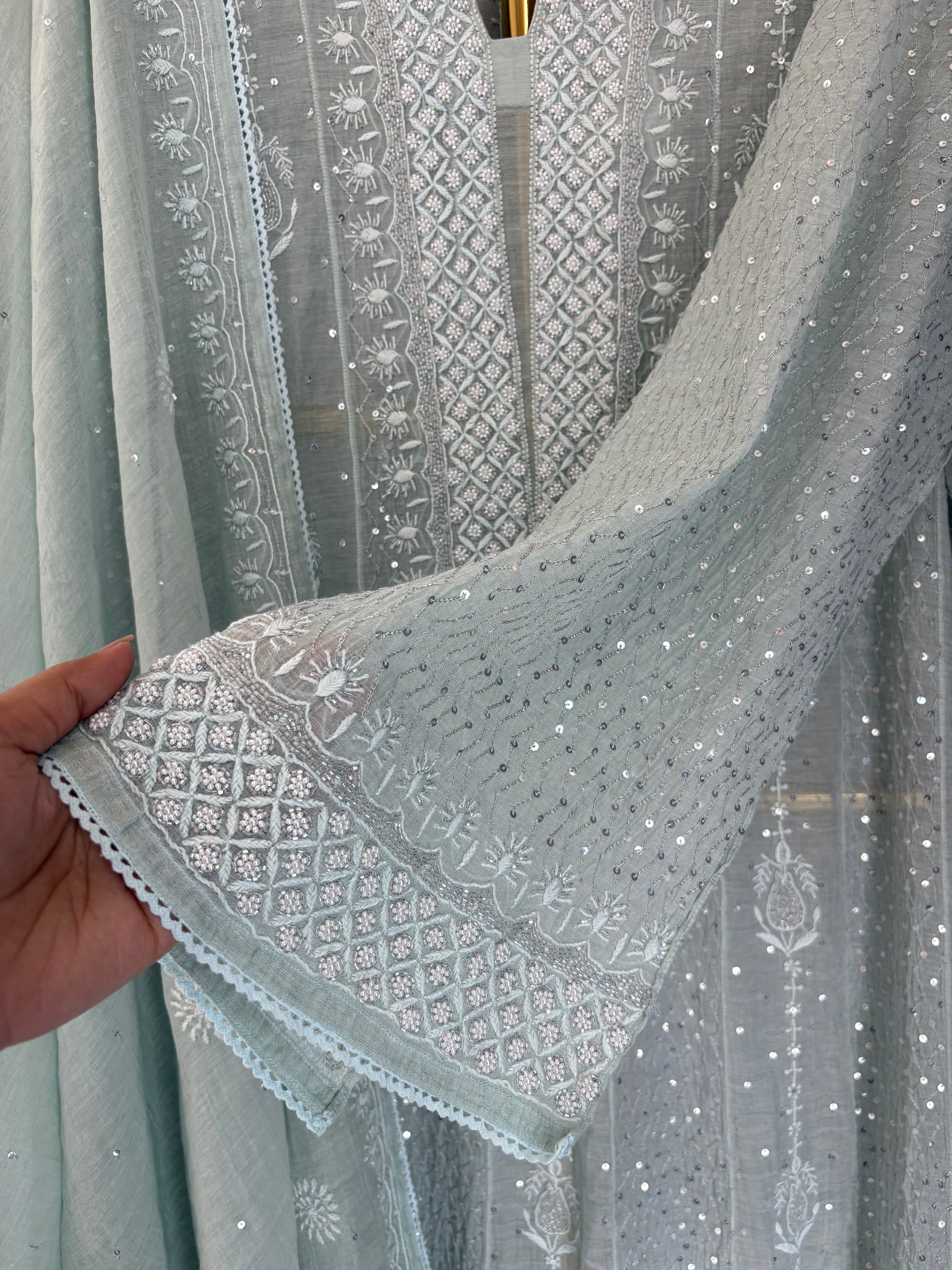 Sea Green Silver Tissue Anarkali Set