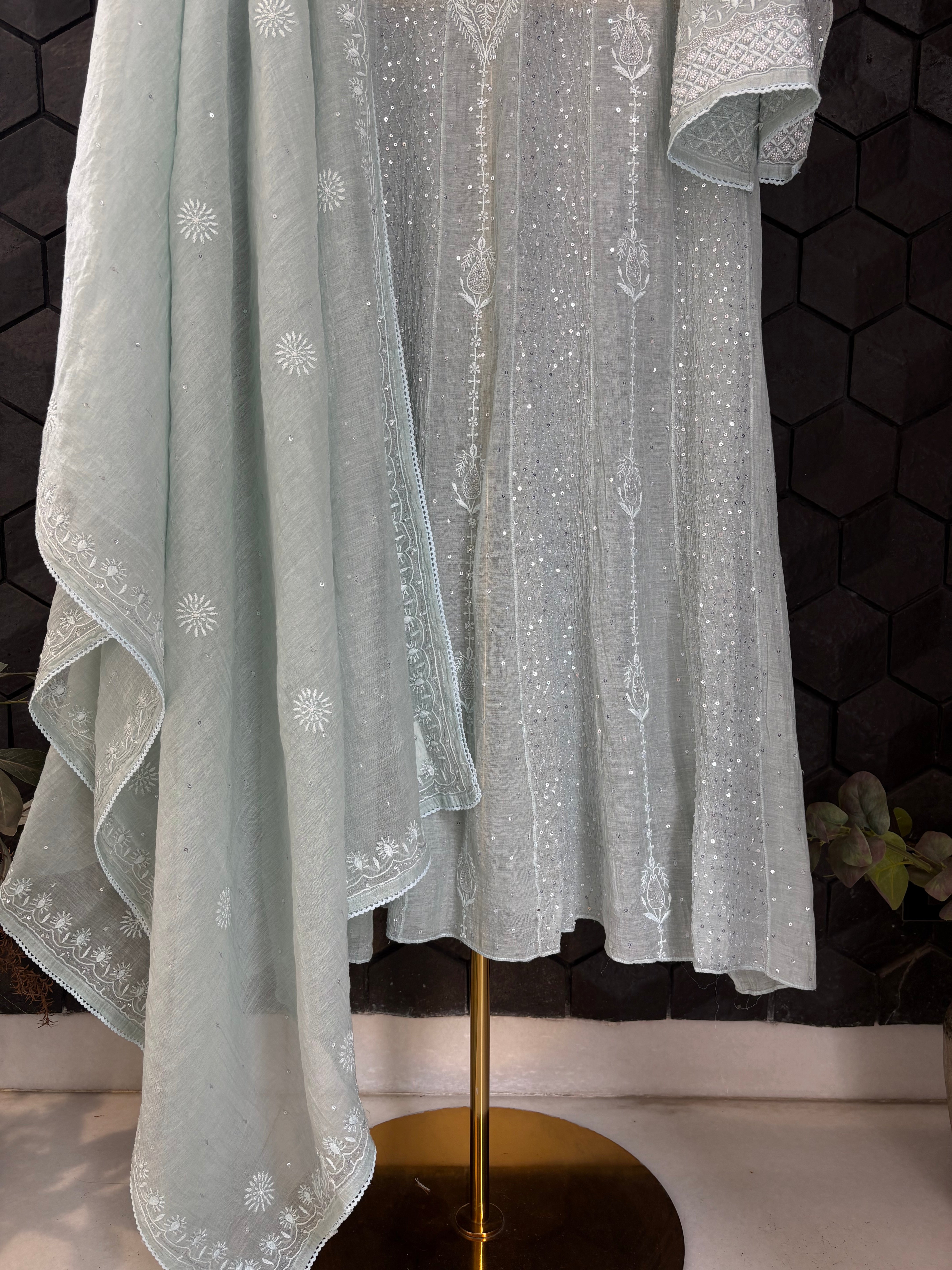 Sea Green Silver Tissue Anarkali Set