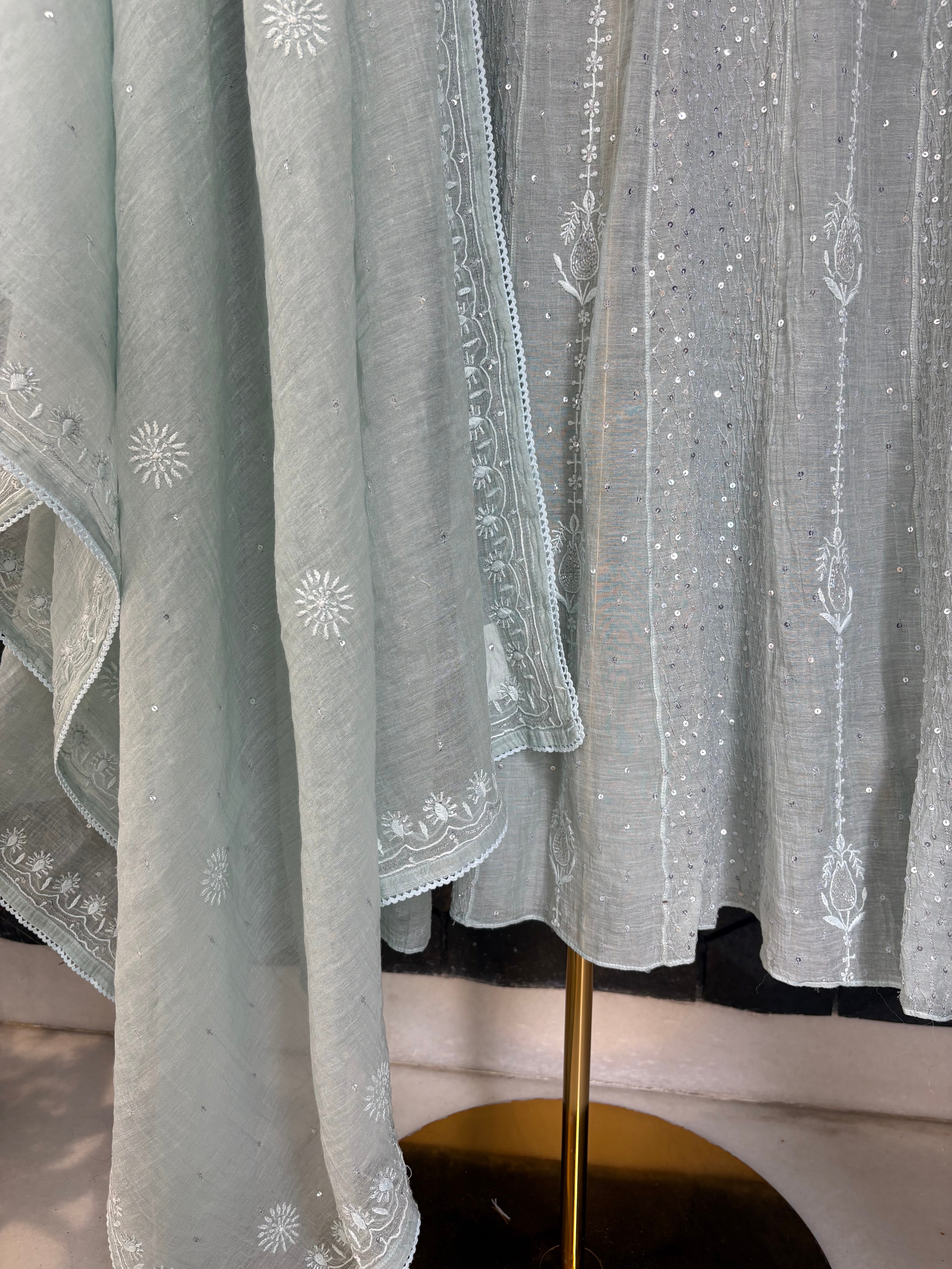 Sea Green Silver Tissue Anarkali Set