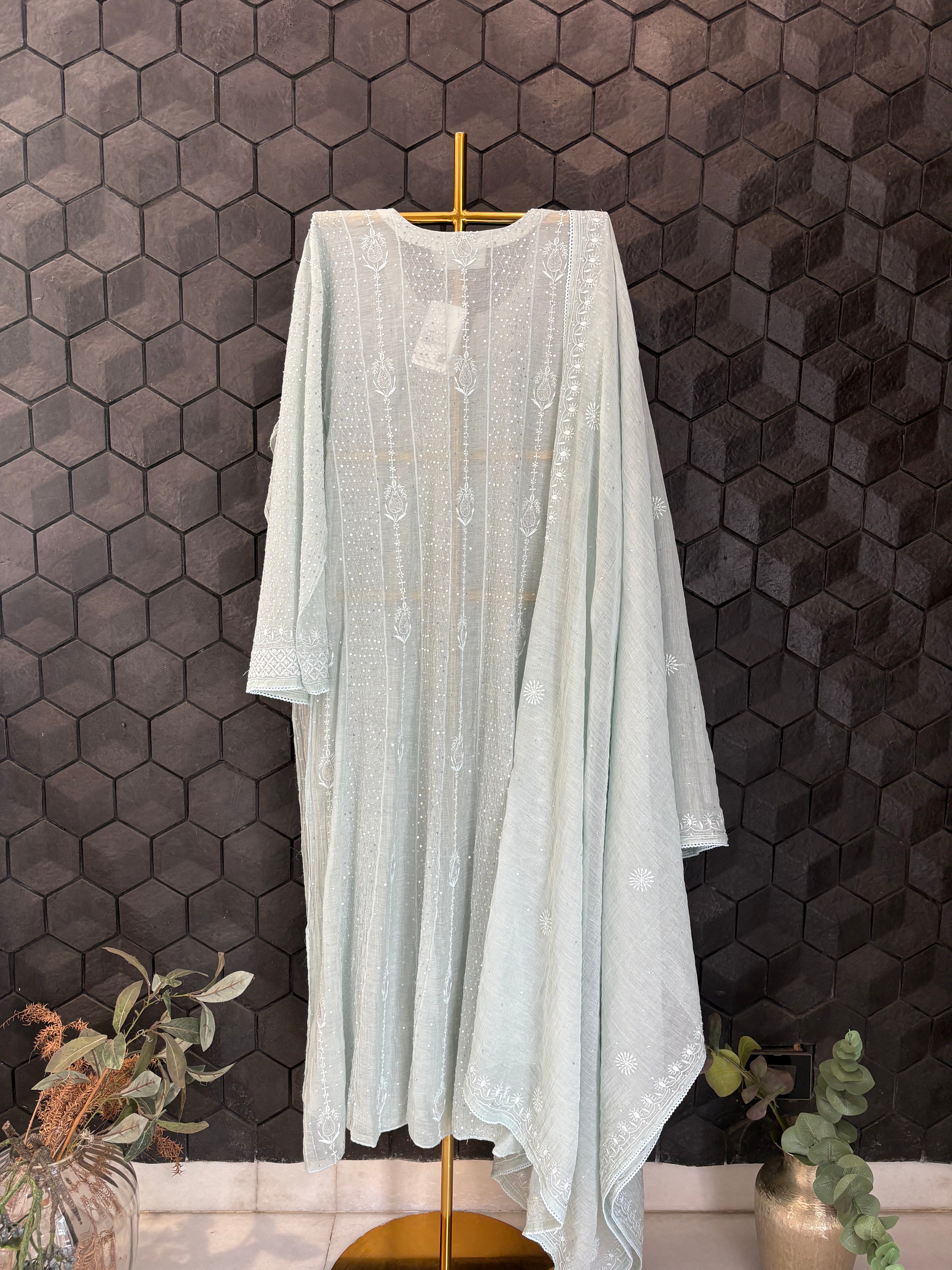 Sea Green Silver Tissue Anarkali Set