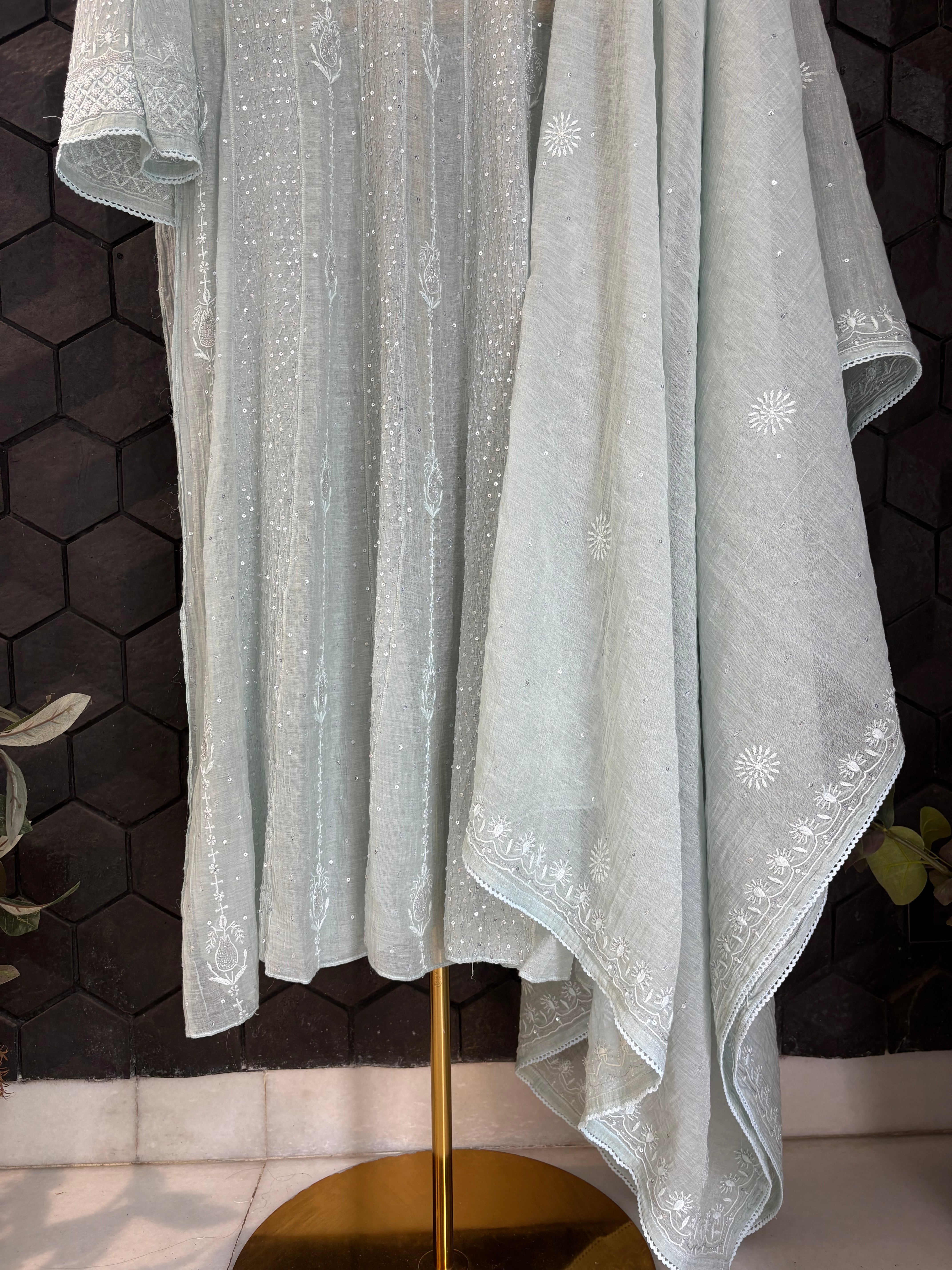 Sea Green Silver Tissue Anarkali Set