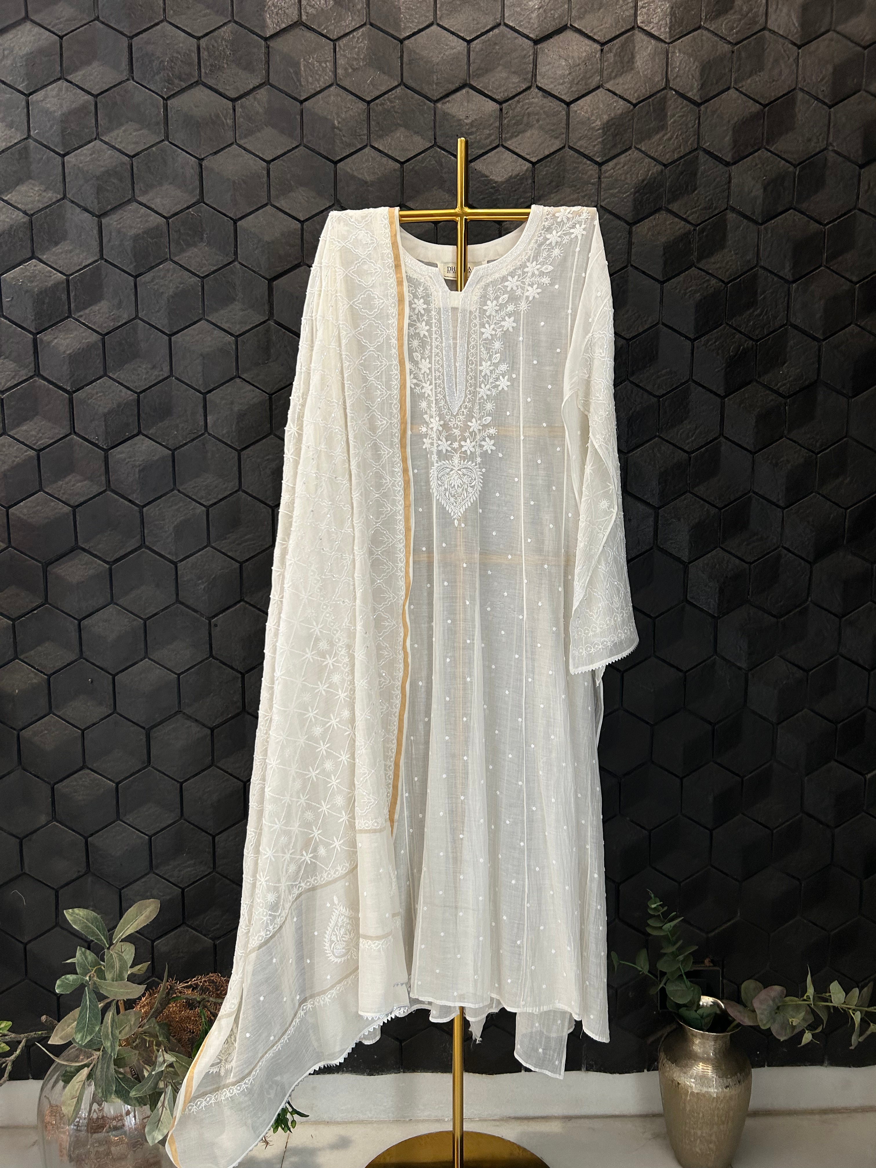 White Mul Chanderi Chikankari Anarkali Set