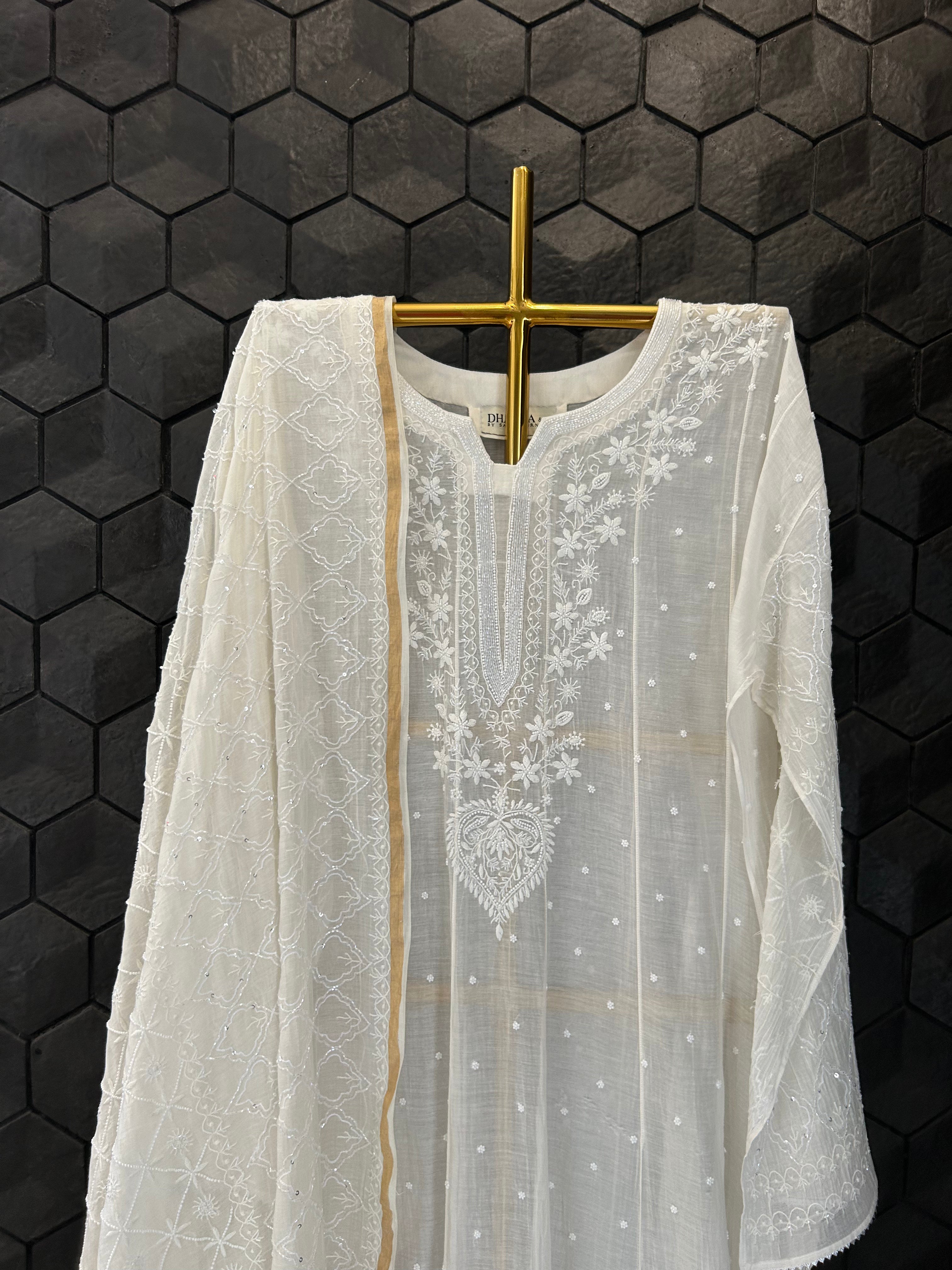 White Mul Chanderi Chikankari Anarkali Set