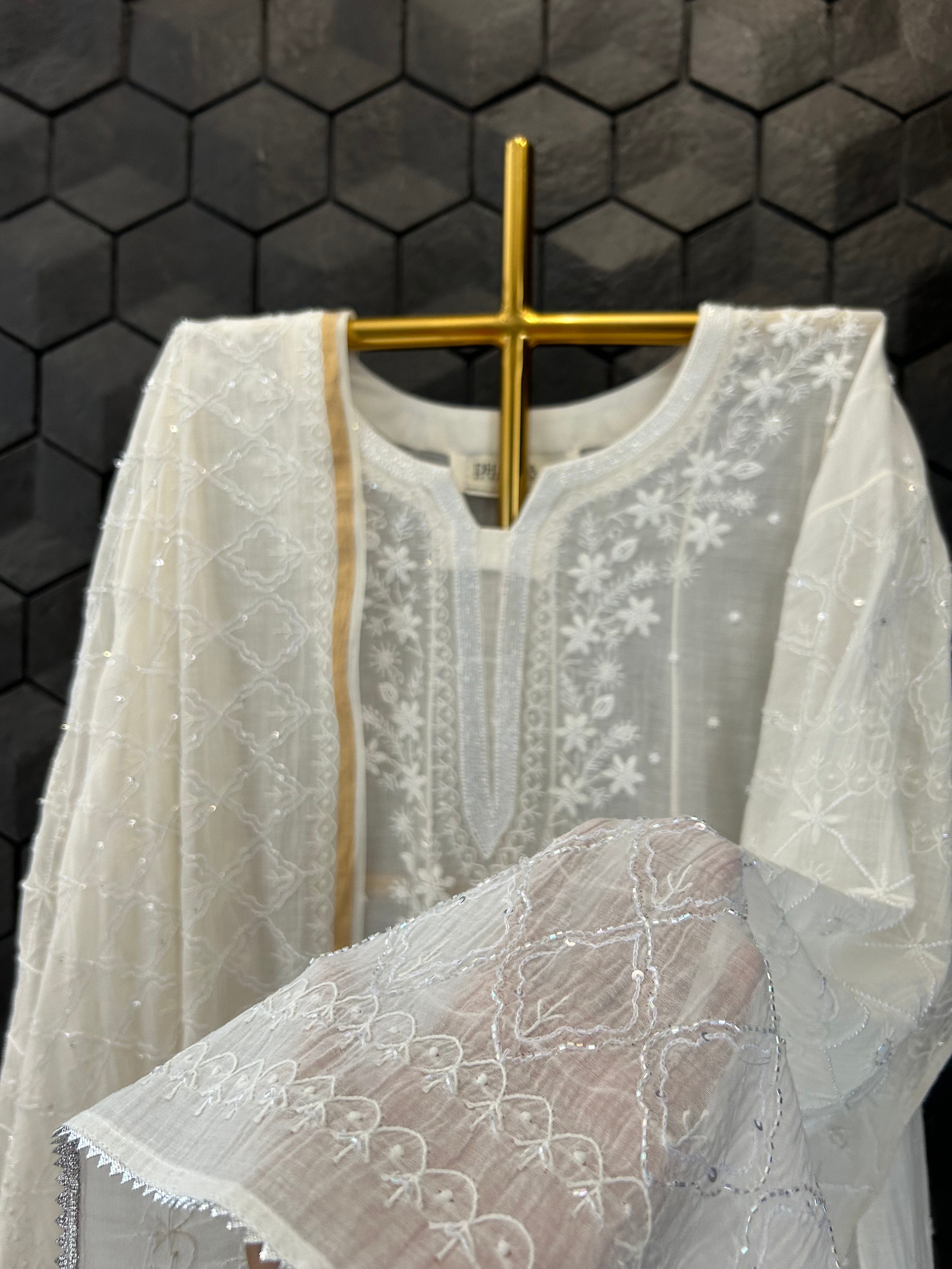 White Mul Chanderi Chikankari Anarkali Set