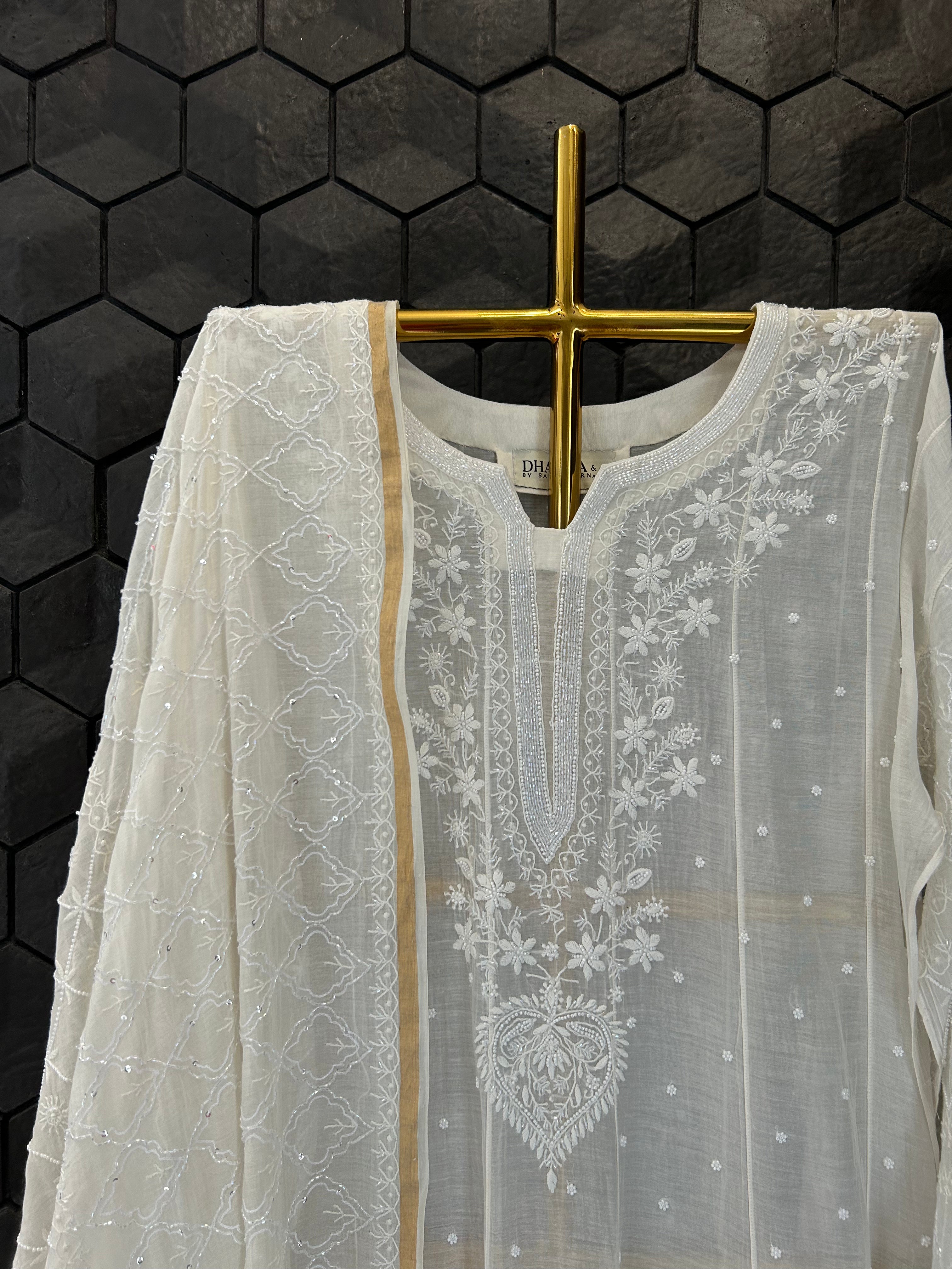 White Mul Chanderi Chikankari Anarkali Set