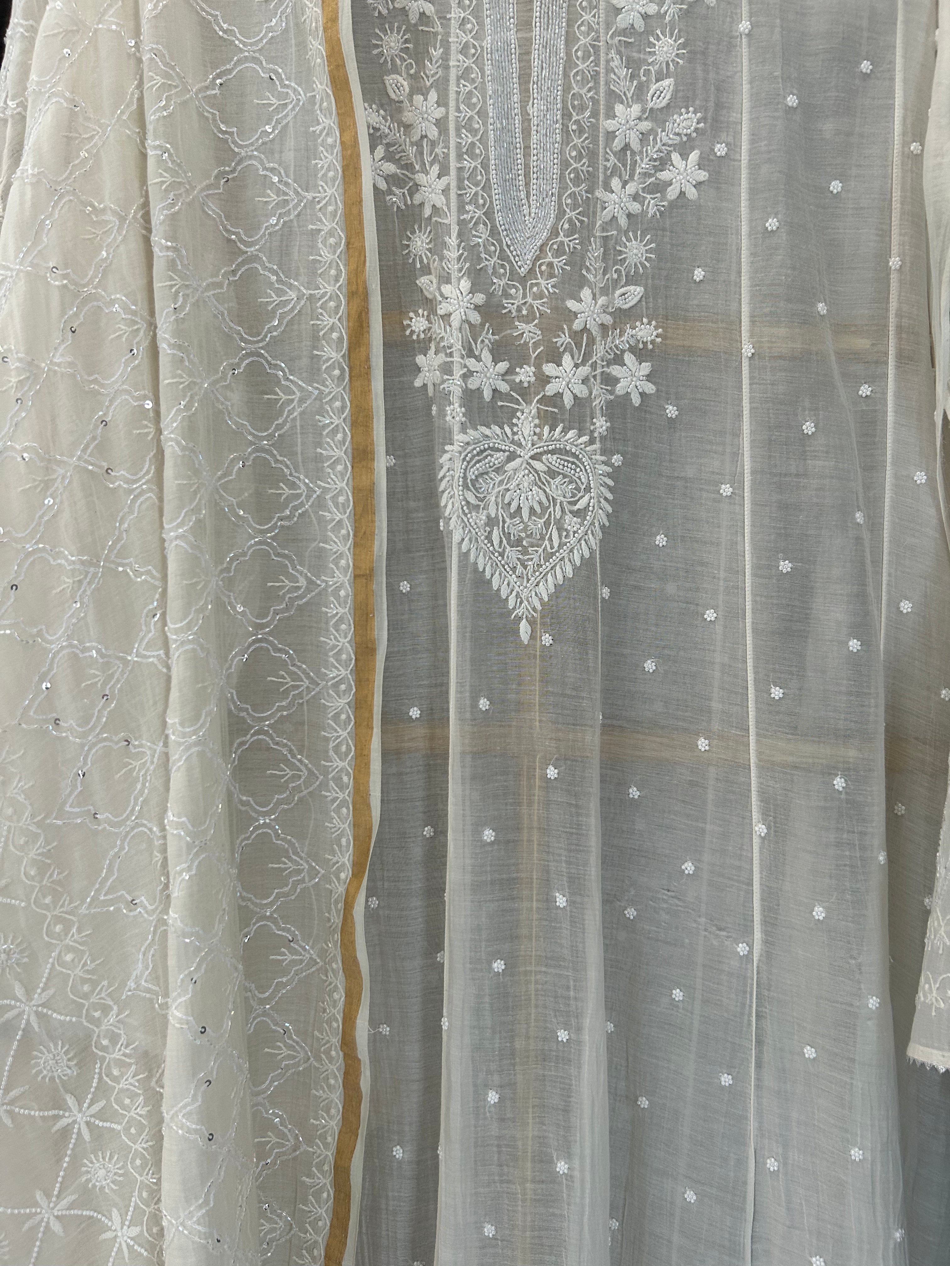 White Mul Chanderi Chikankari Anarkali Set