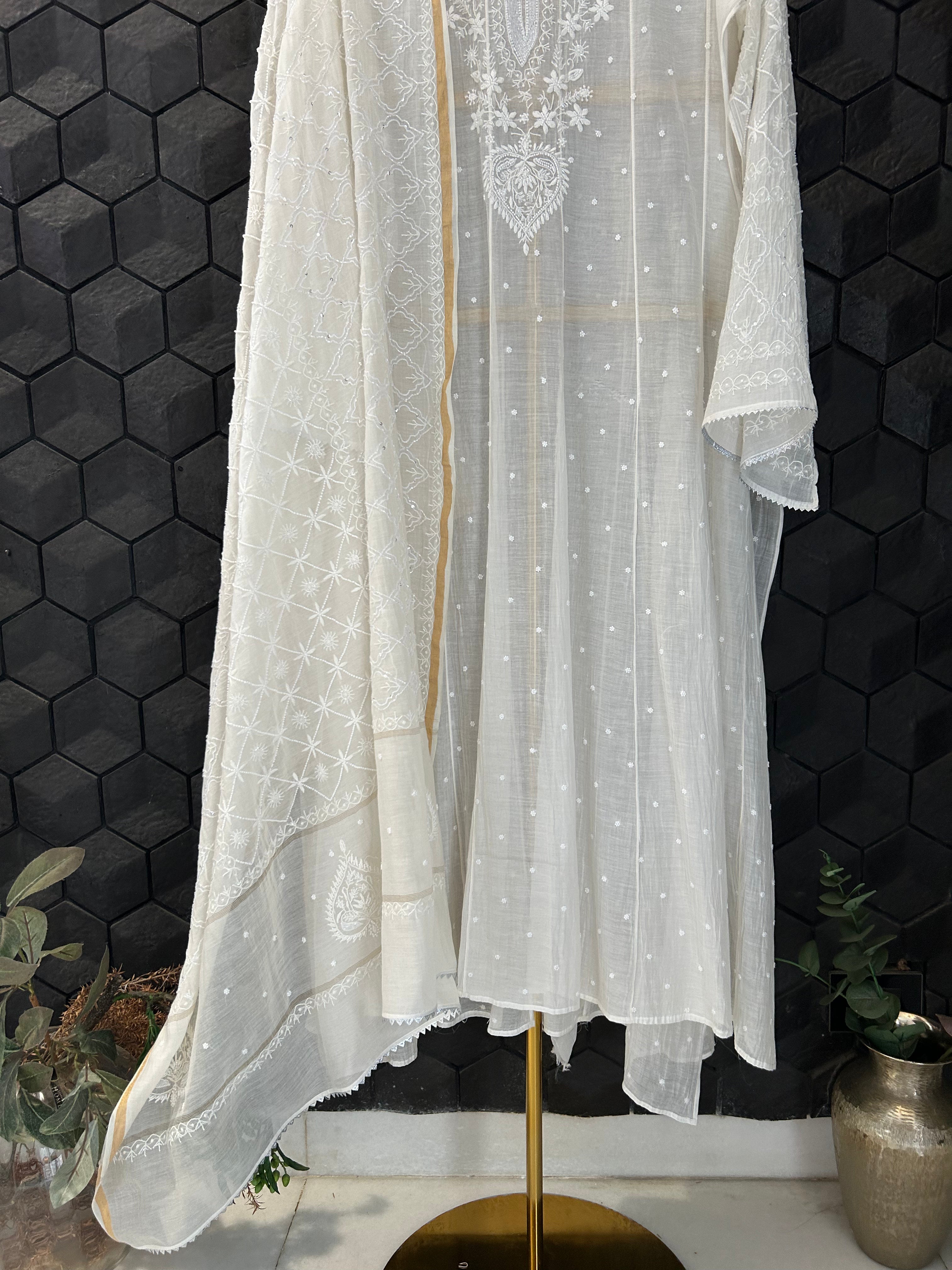 White Mul Chanderi Chikankari Anarkali Set