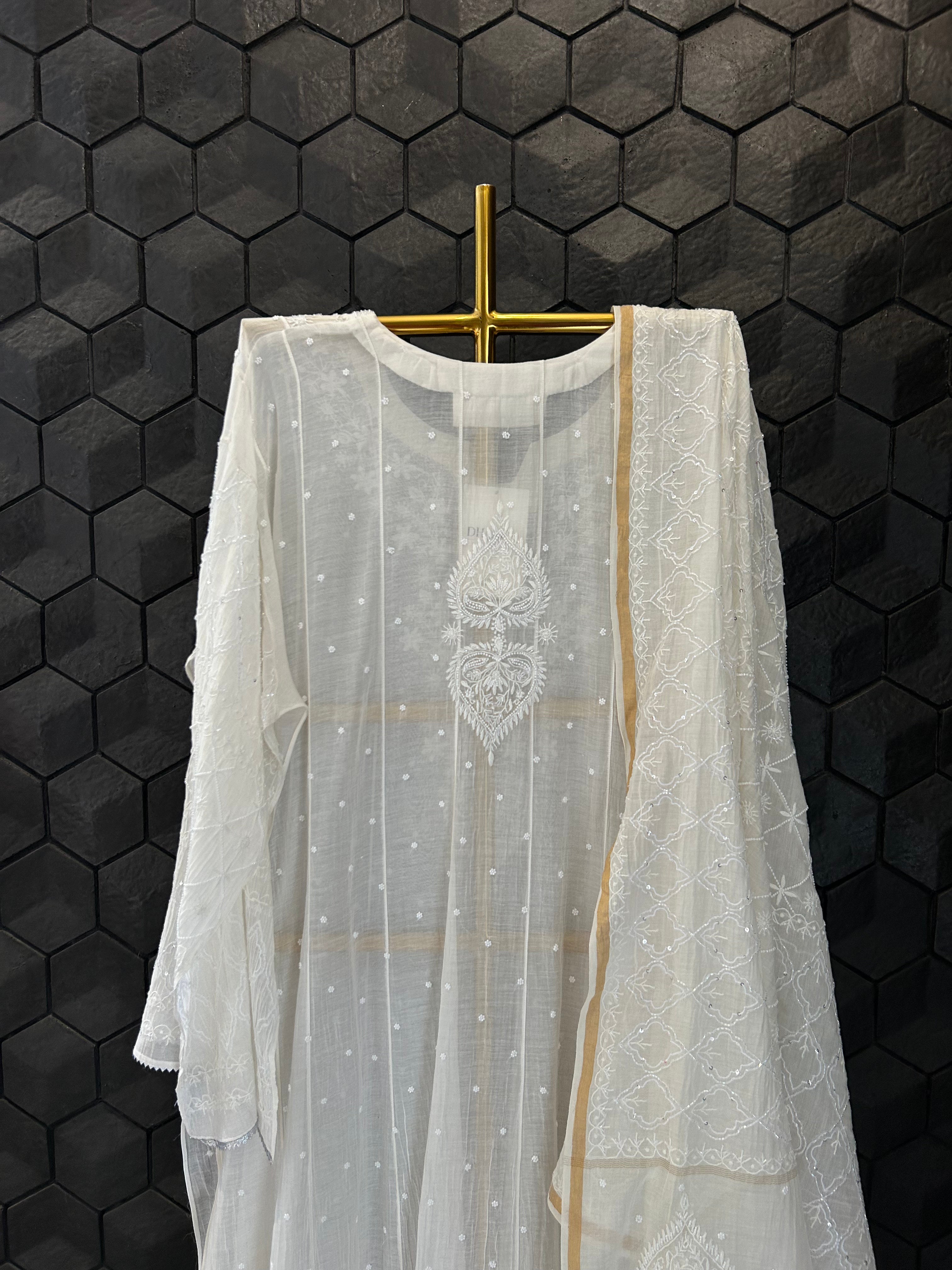 White Mul Chanderi Chikankari Anarkali Set