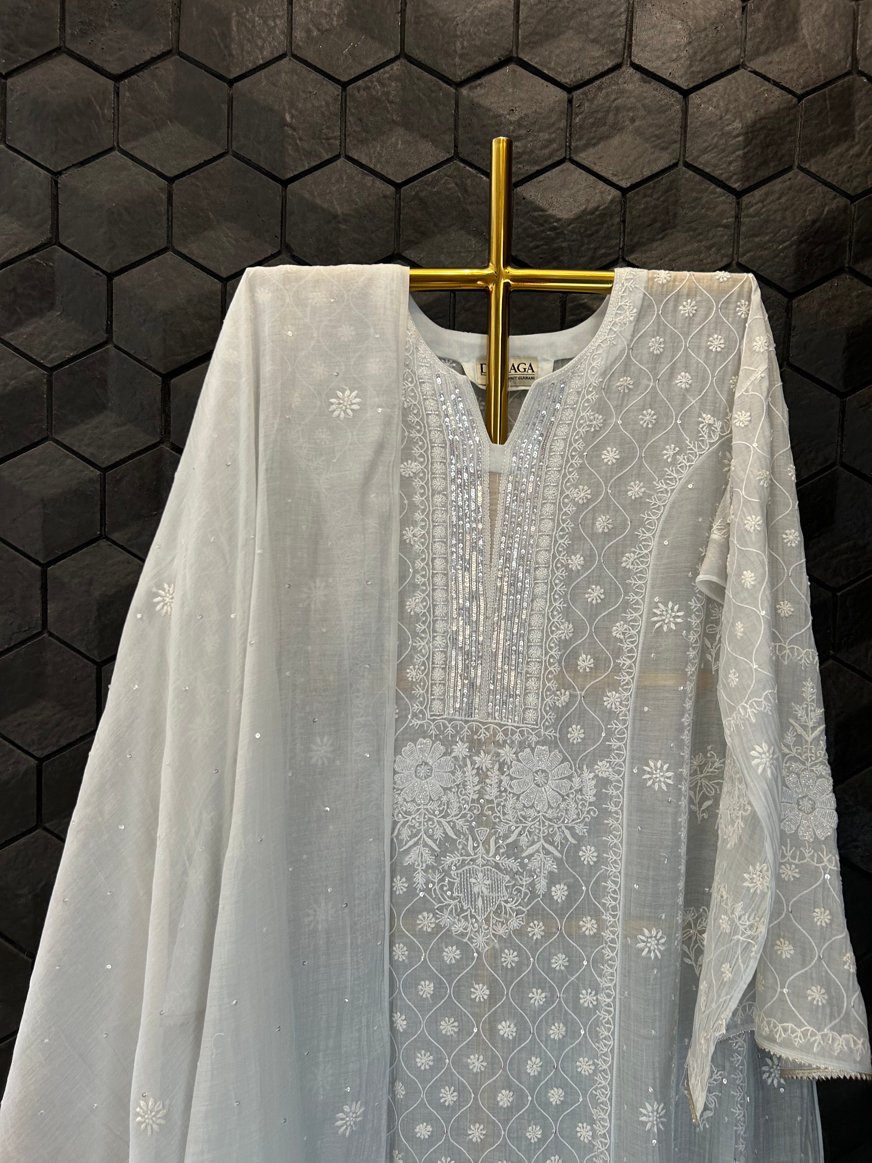 Blue Mul Chanderi Chikankari Anarkali Set