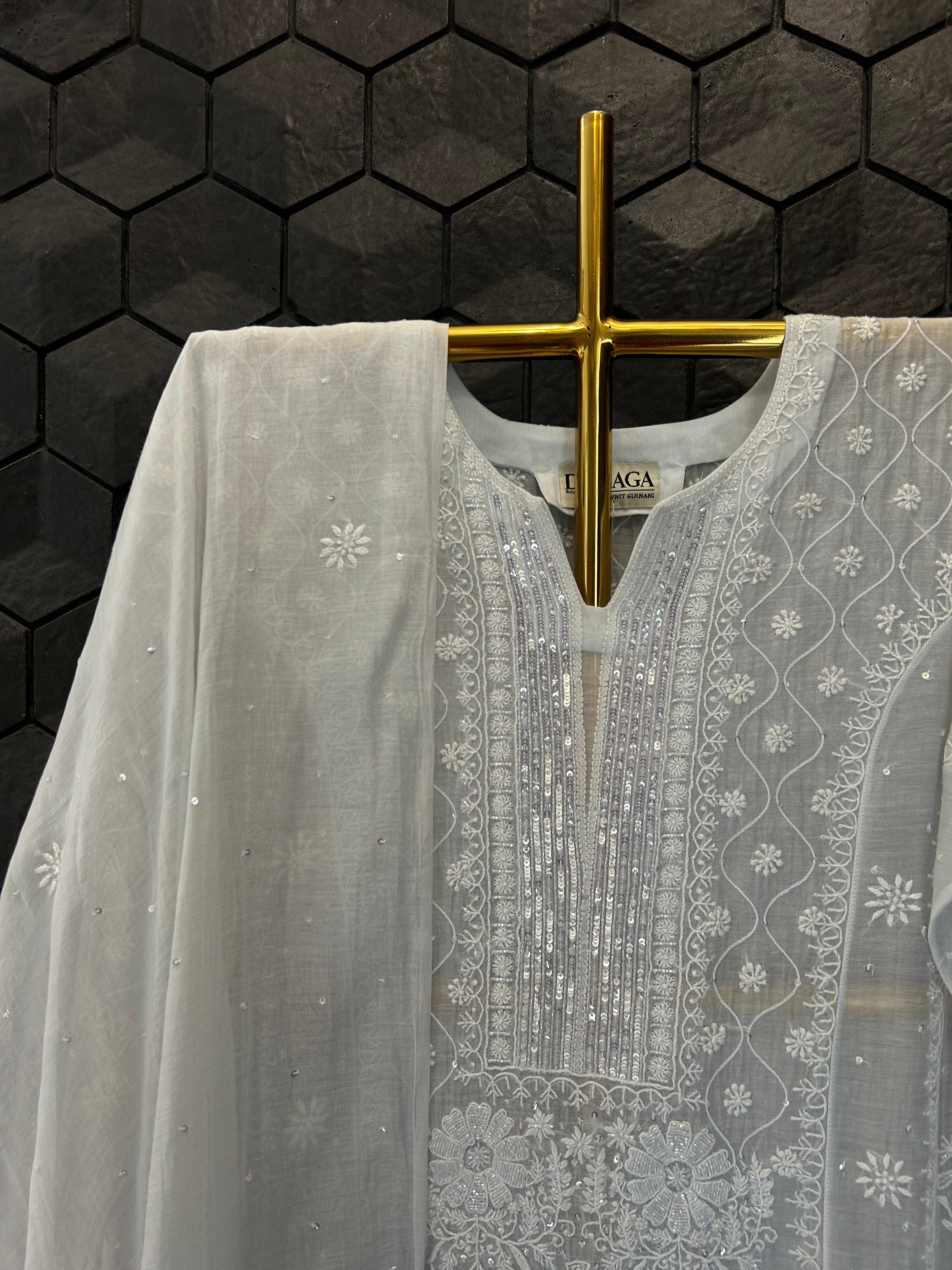 Blue Mul Chanderi Chikankari Anarkali Set