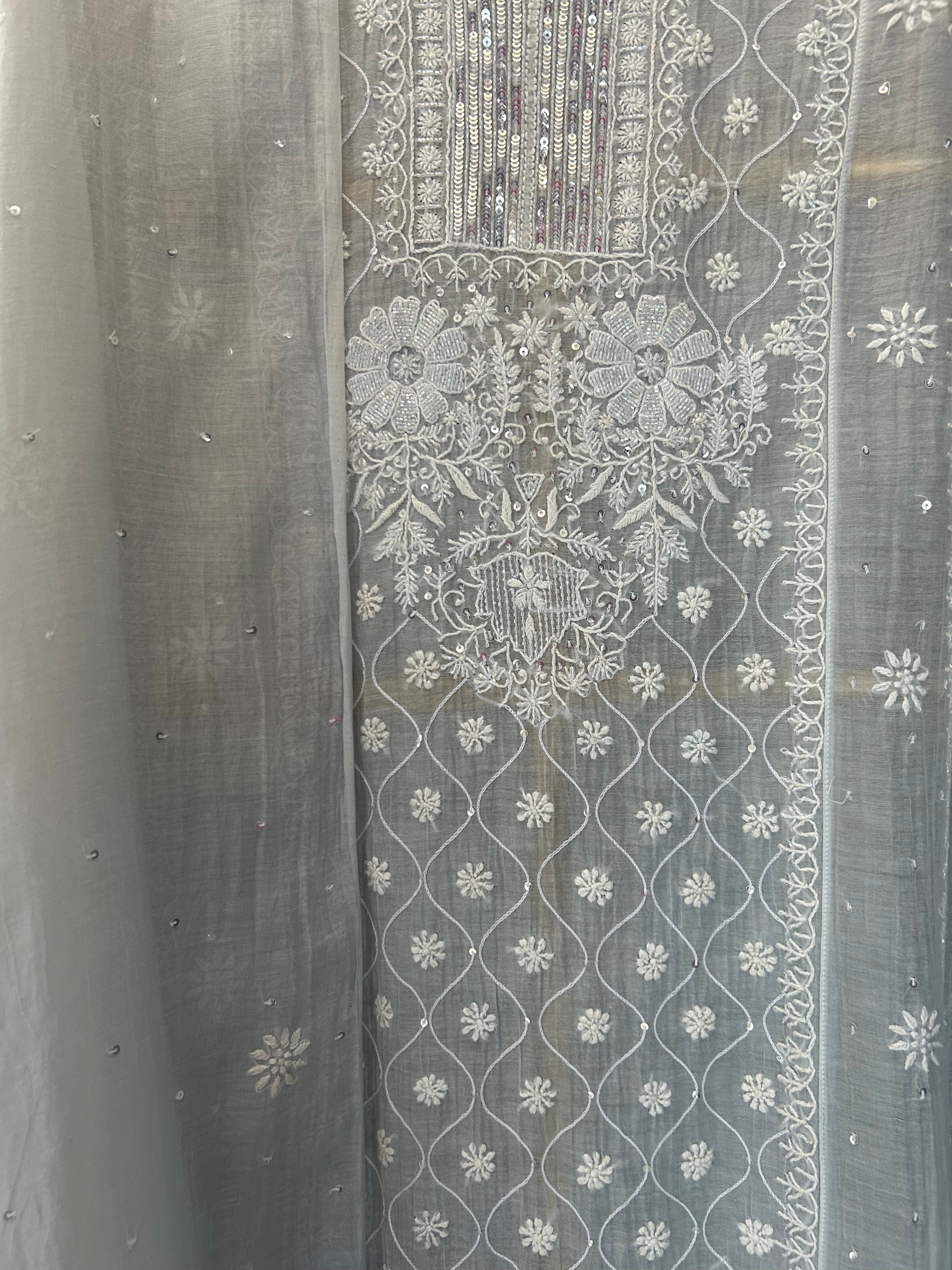 Blue Mul Chanderi Chikankari Anarkali Set