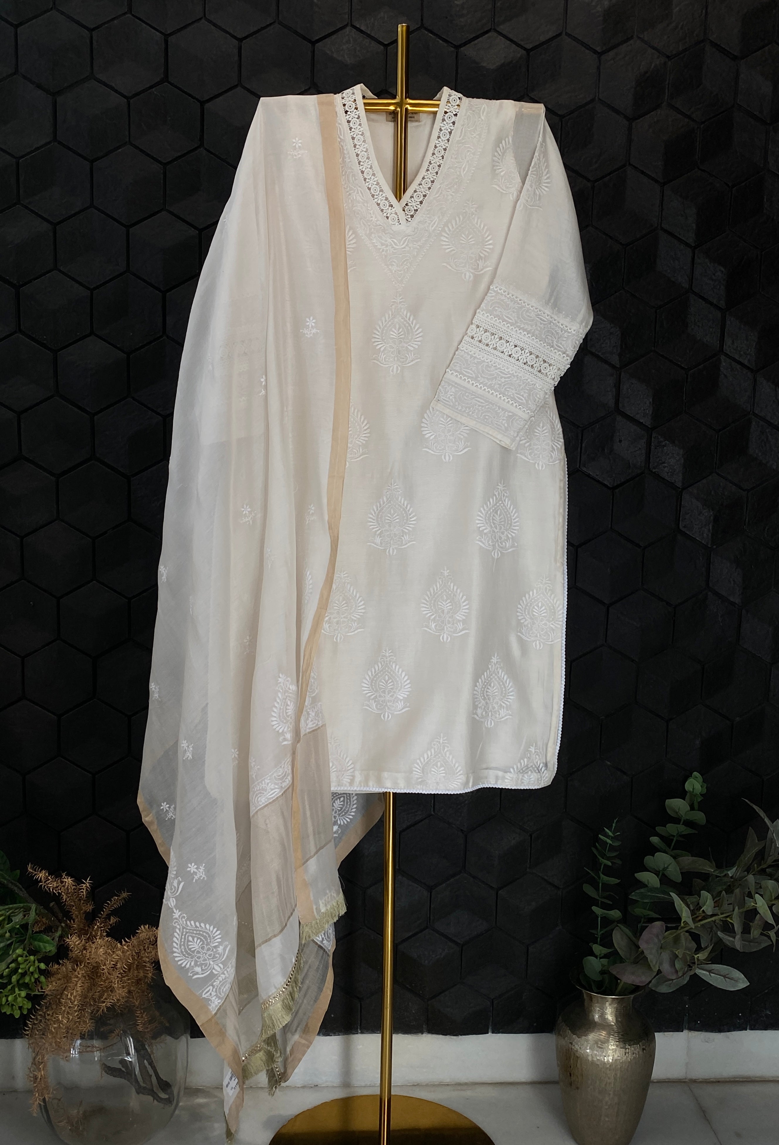 White Chanderi Chikankari Kurta Set
