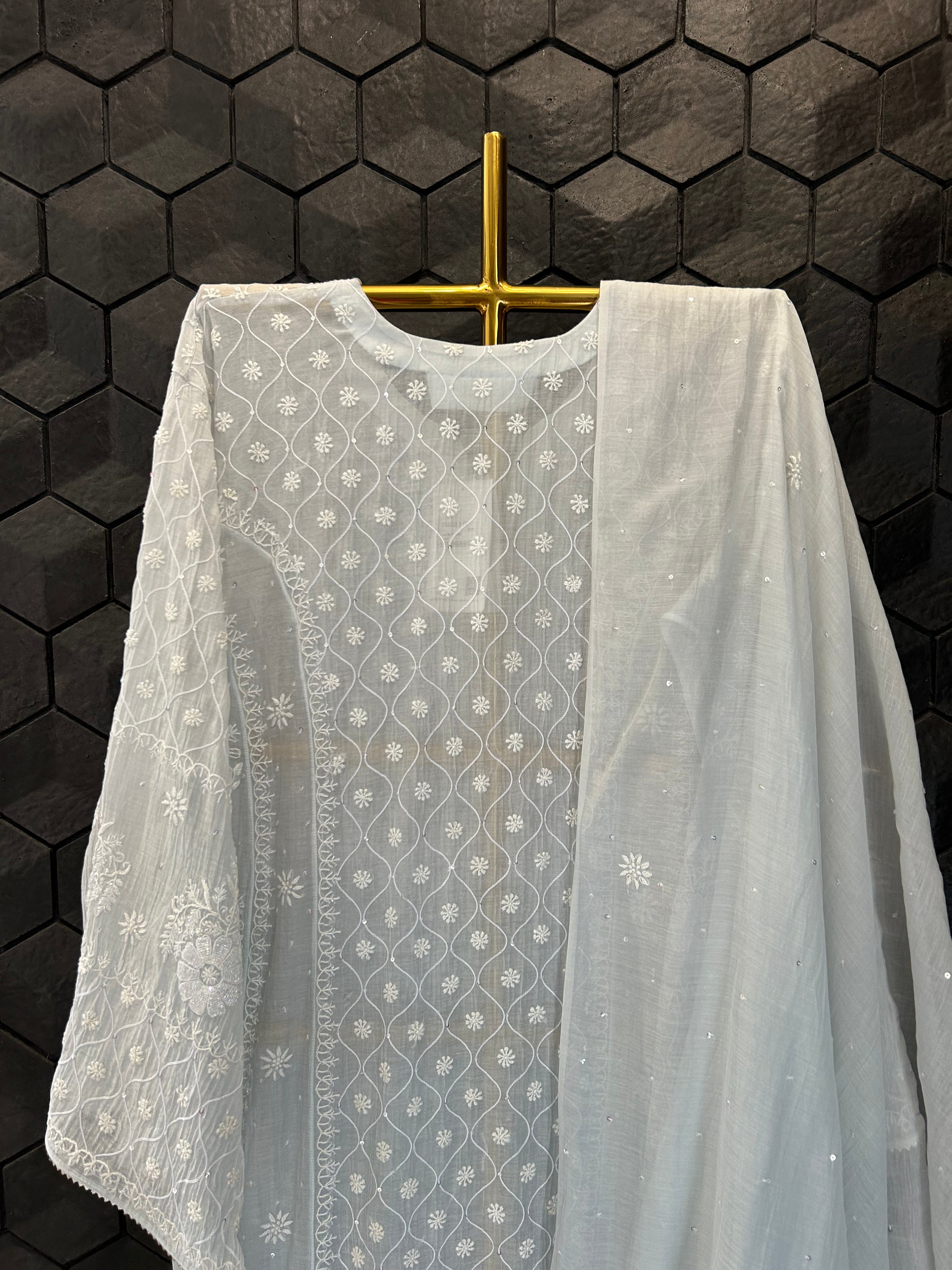 Blue Mul Chanderi Chikankari Anarkali Set