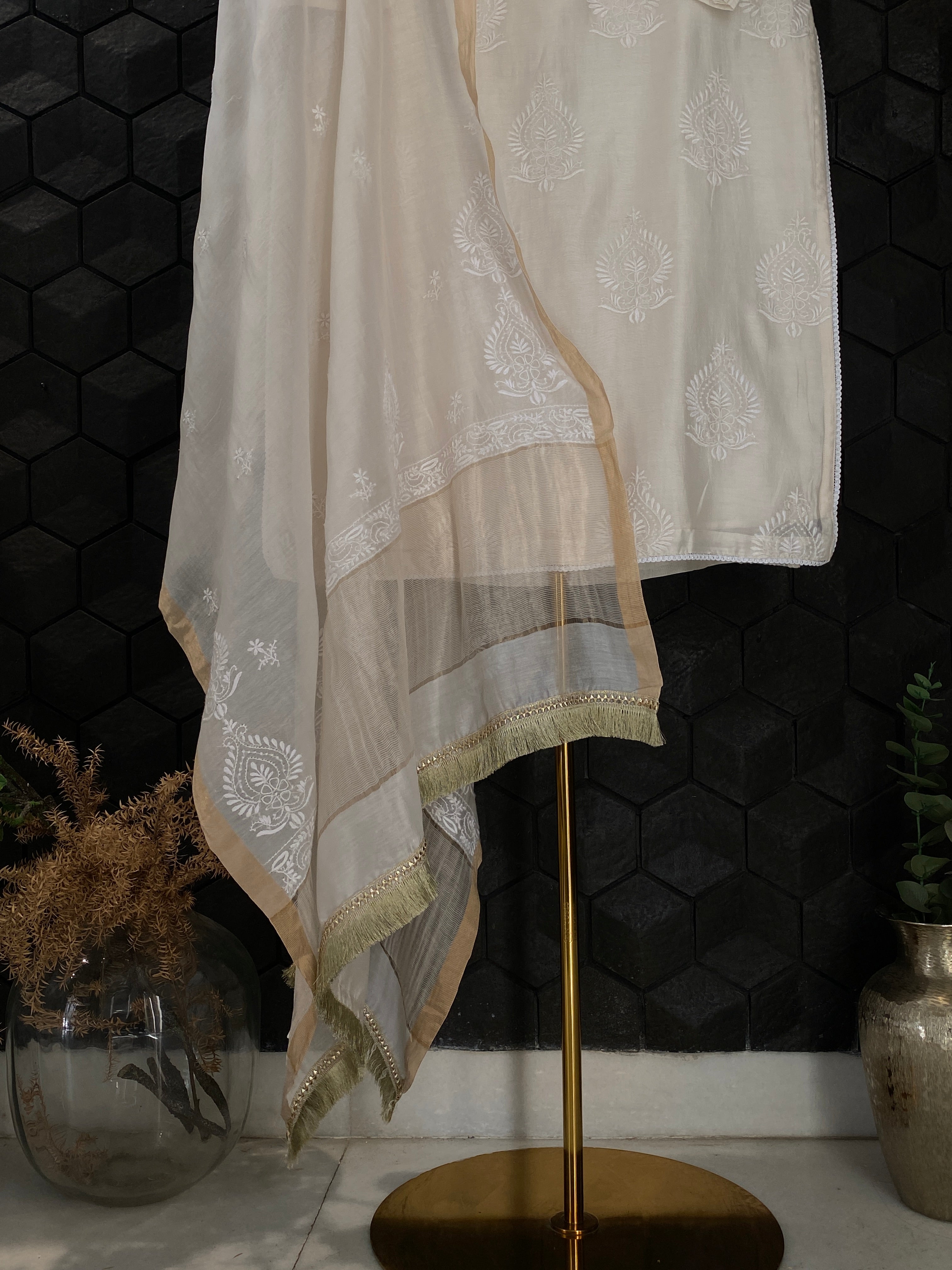 White Chanderi Chikankari Kurta Set