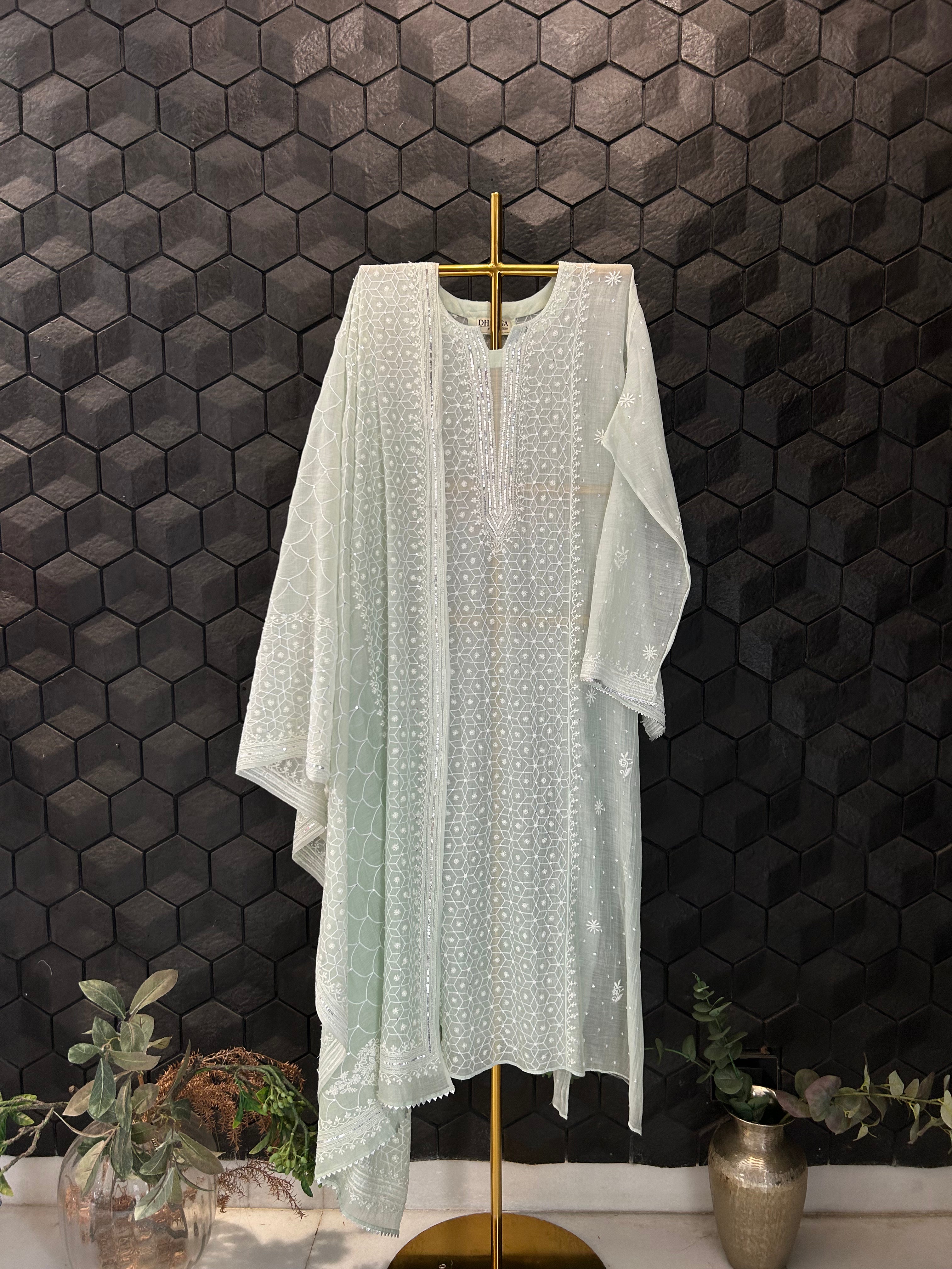Green Mul Chanderi Chikankari Kurta Set