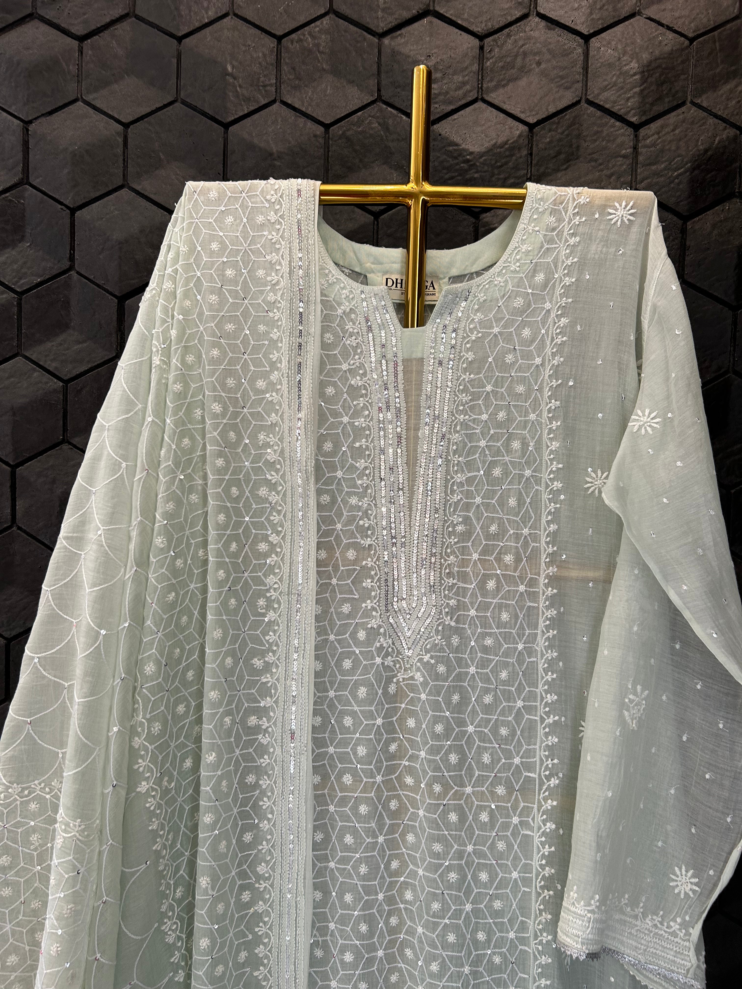 Green Mul Chanderi Chikankari Kurta Set