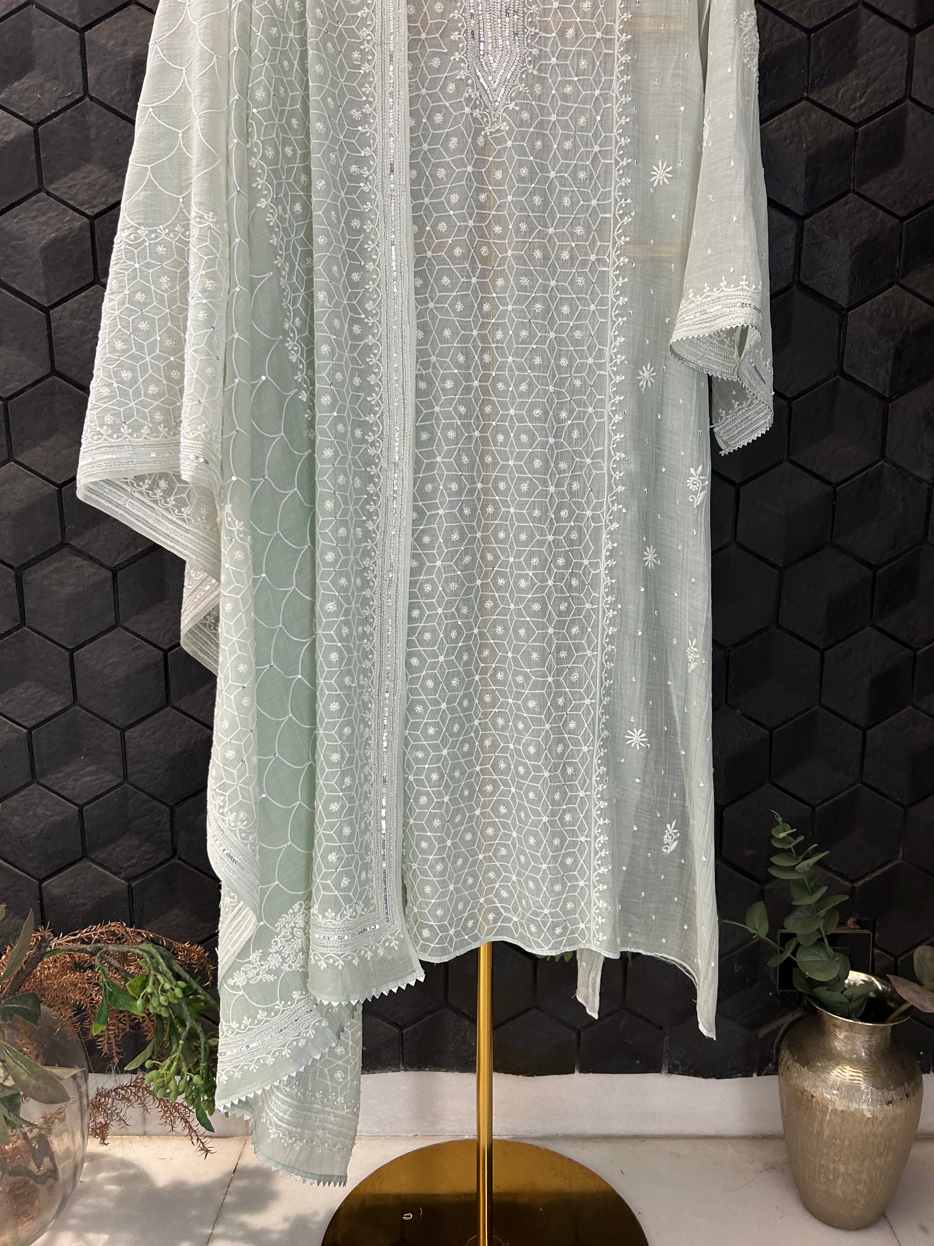 Green Mul Chanderi Chikankari Kurta Set