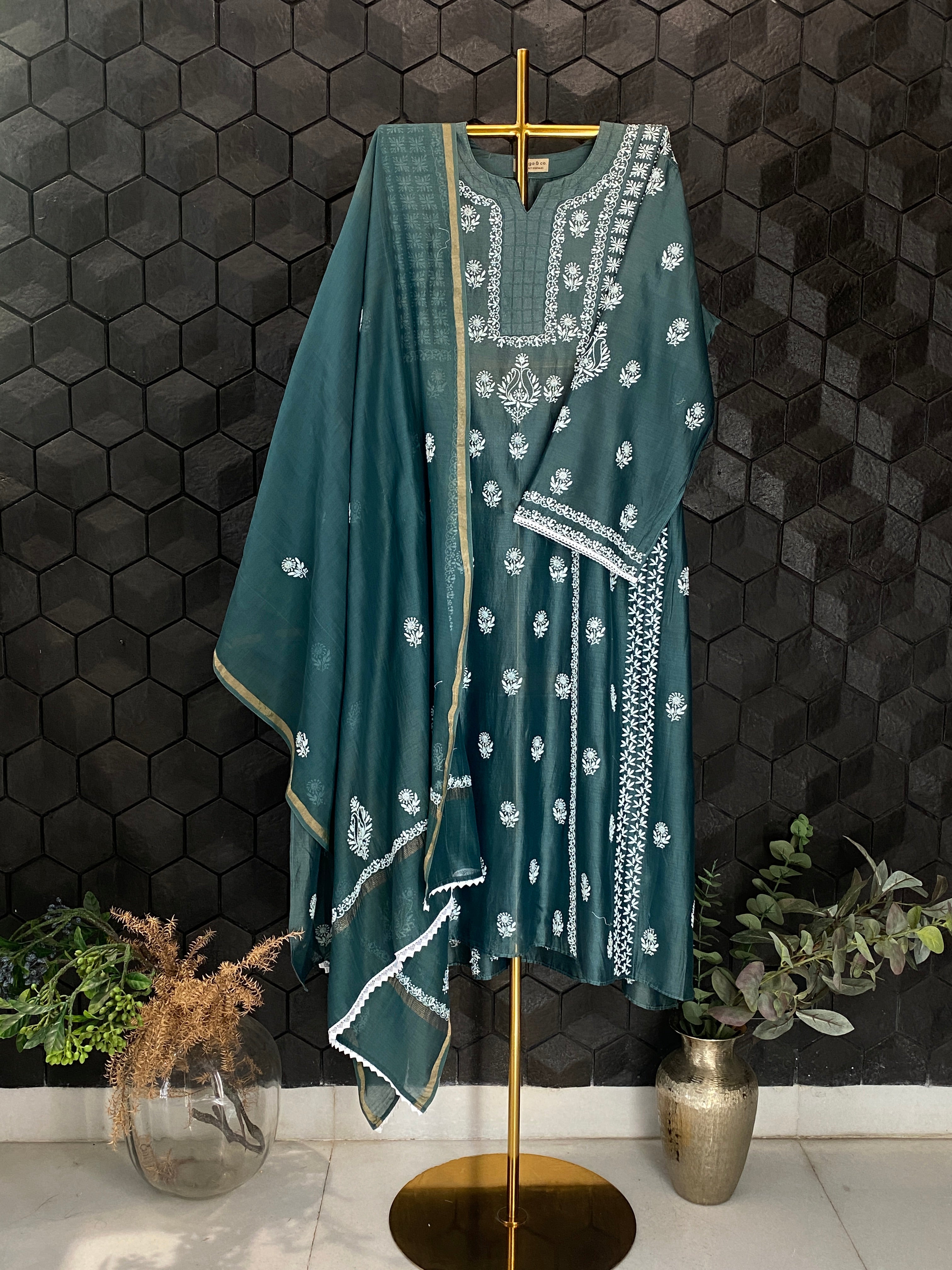 Bottle Green Chanderi Chikankari Kurta Set