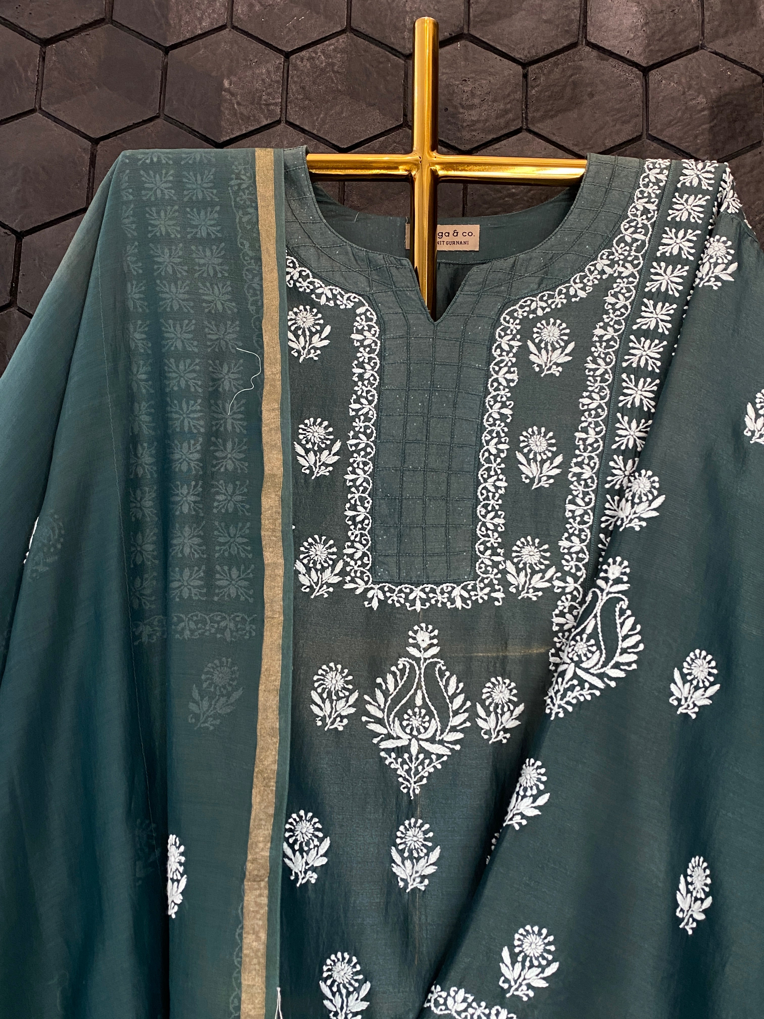 Bottle Green Chanderi Chikankari Kurta Set