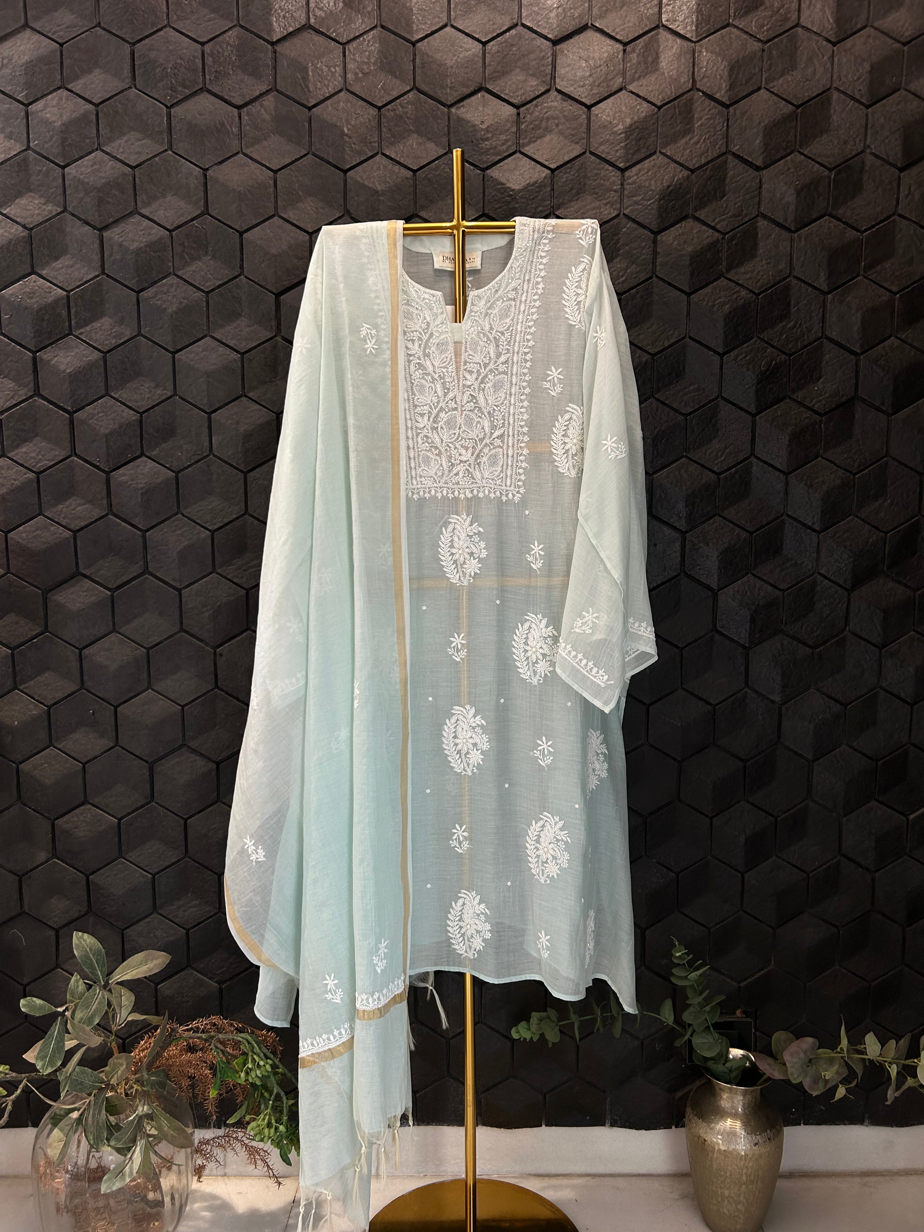 Green Mul Chanderi Chikankari Kurta Set
