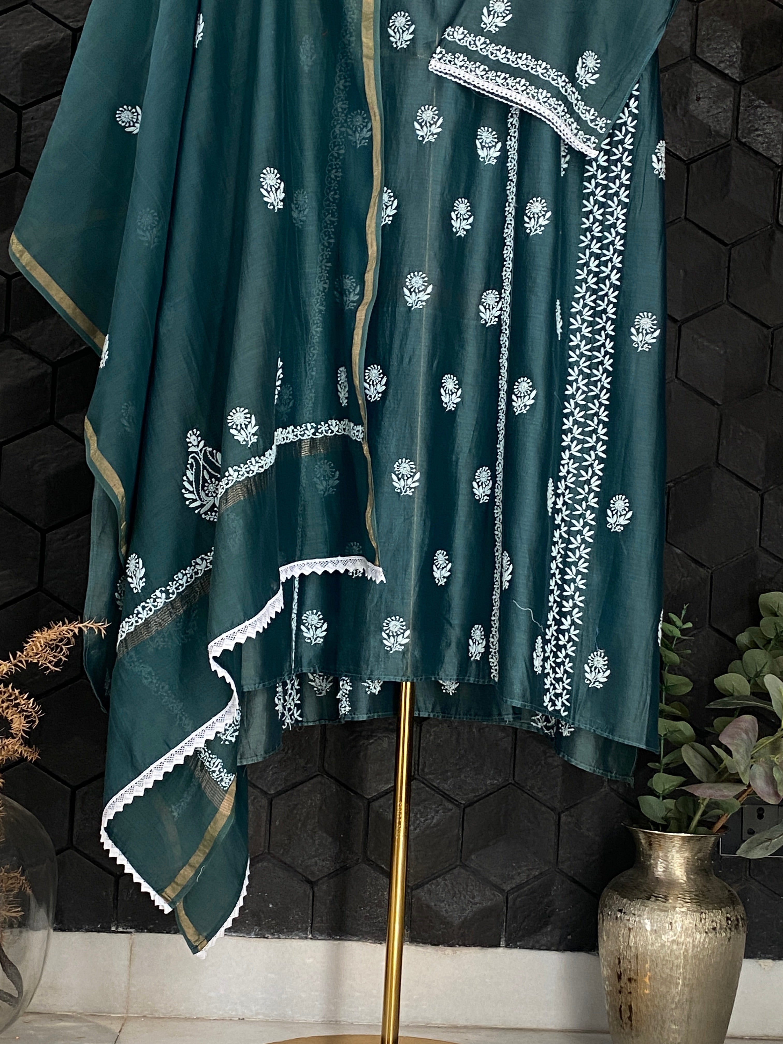 Bottle Green Chanderi Chikankari Kurta Set