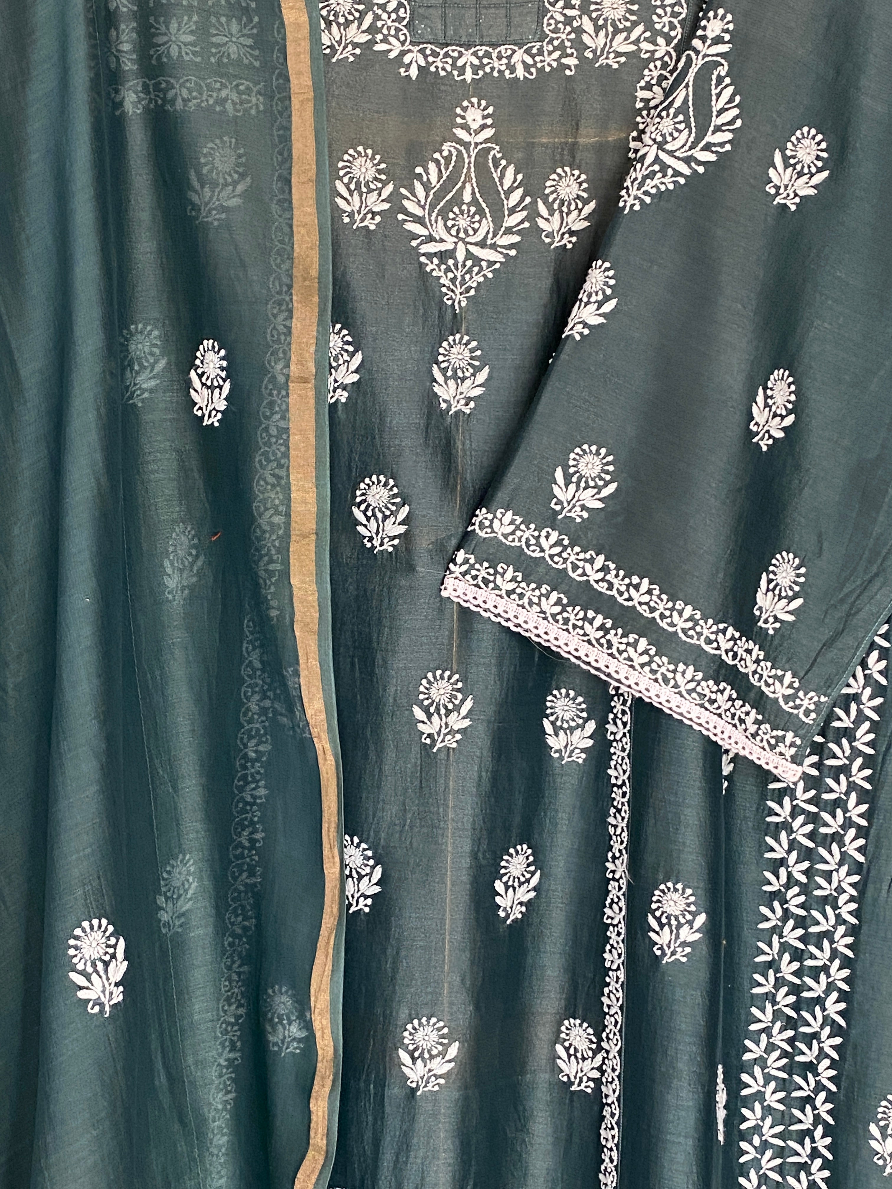 Bottle Green Chanderi Chikankari Kurta Set