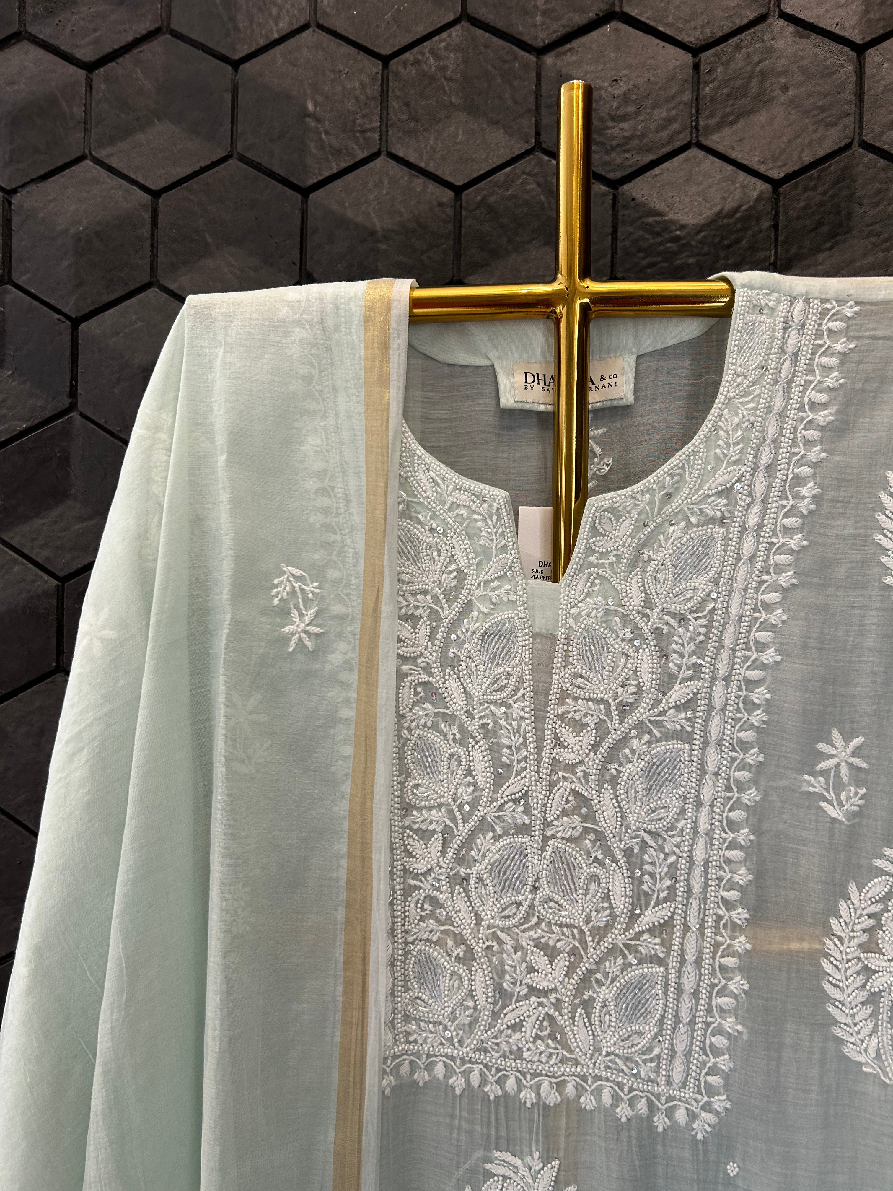 Green Mul Chanderi Chikankari Kurta Set