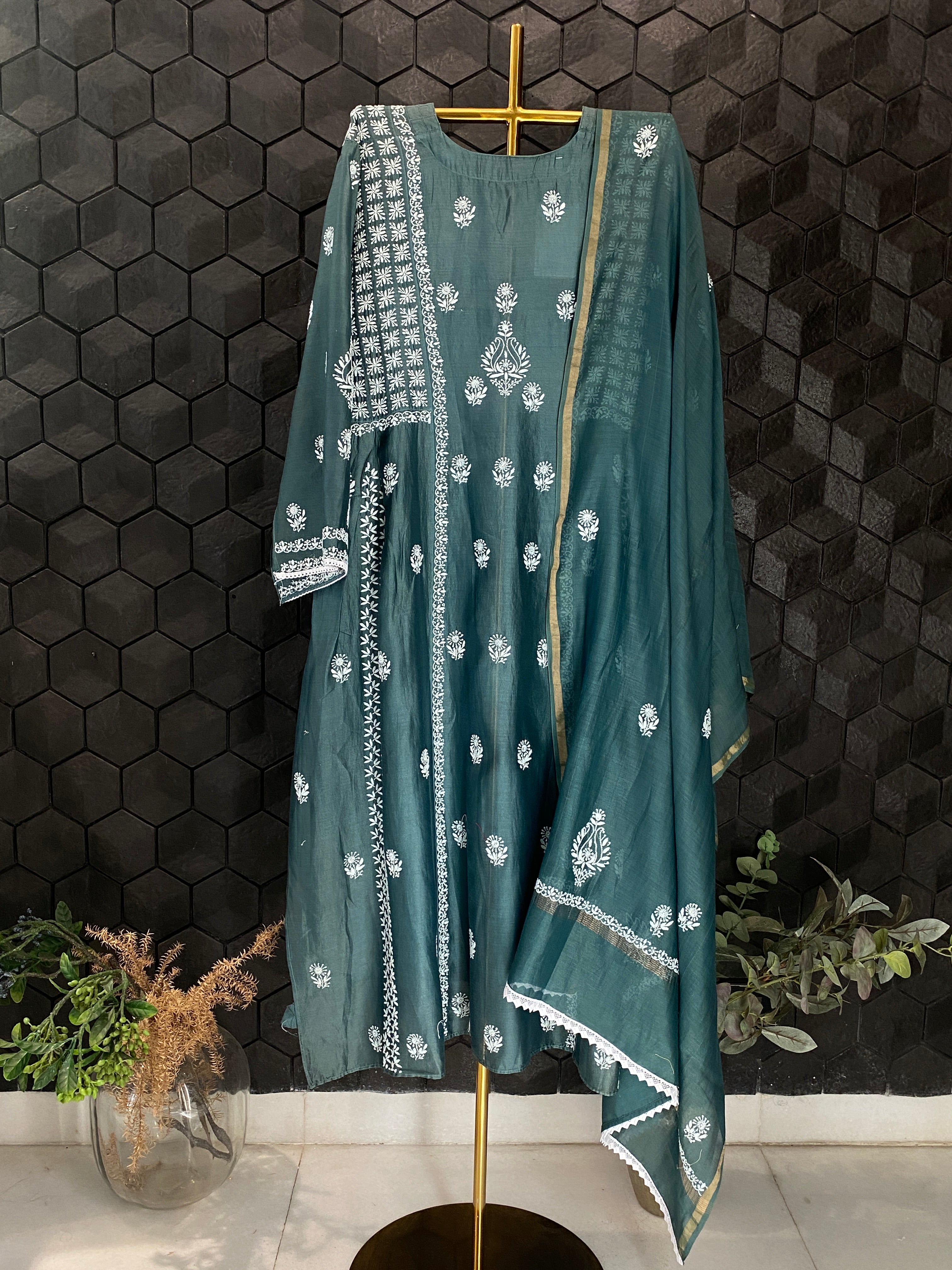 Bottle Green Chanderi Chikankari Kurta Set
