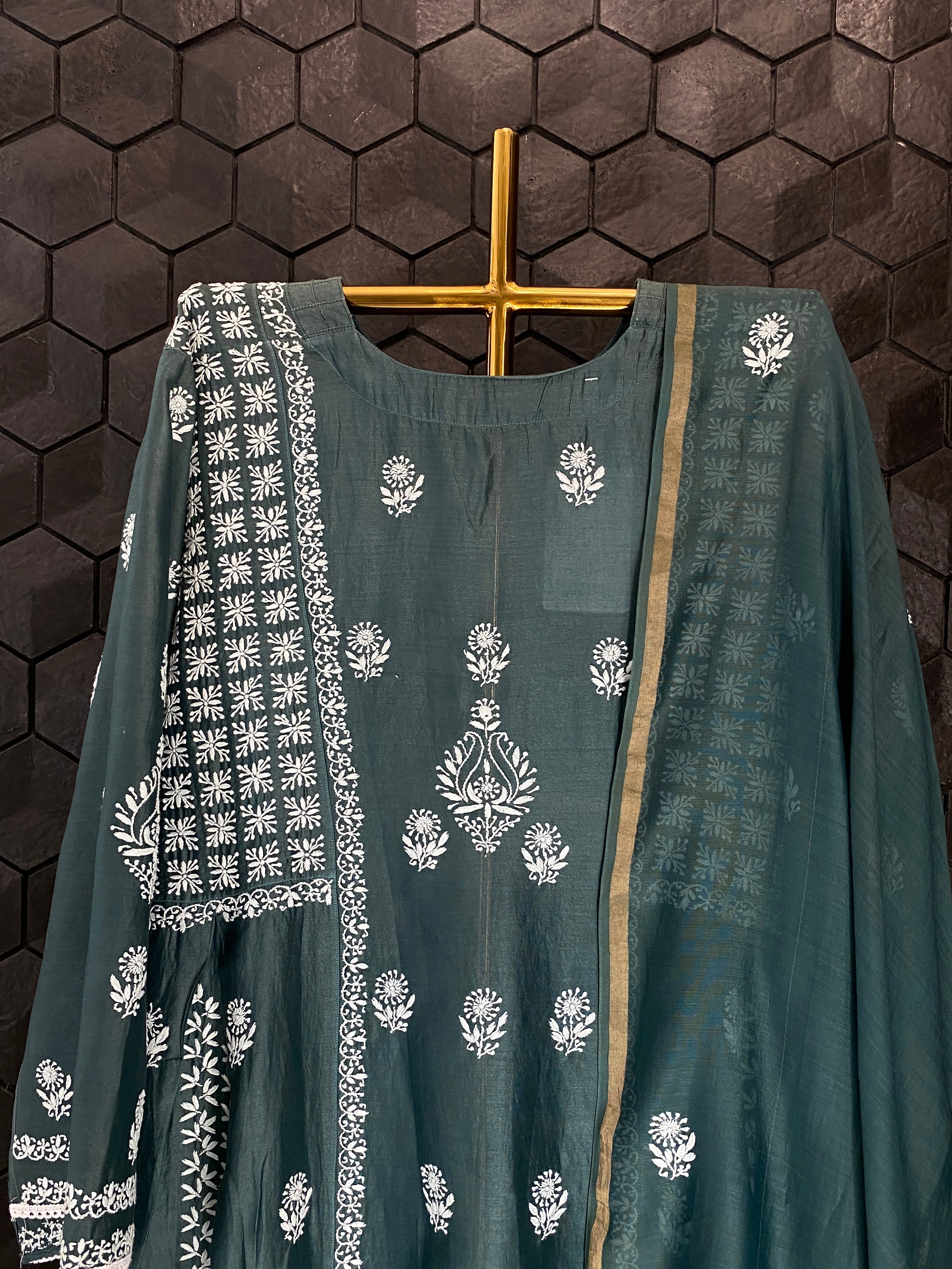 Bottle Green Chanderi Chikankari Kurta Set