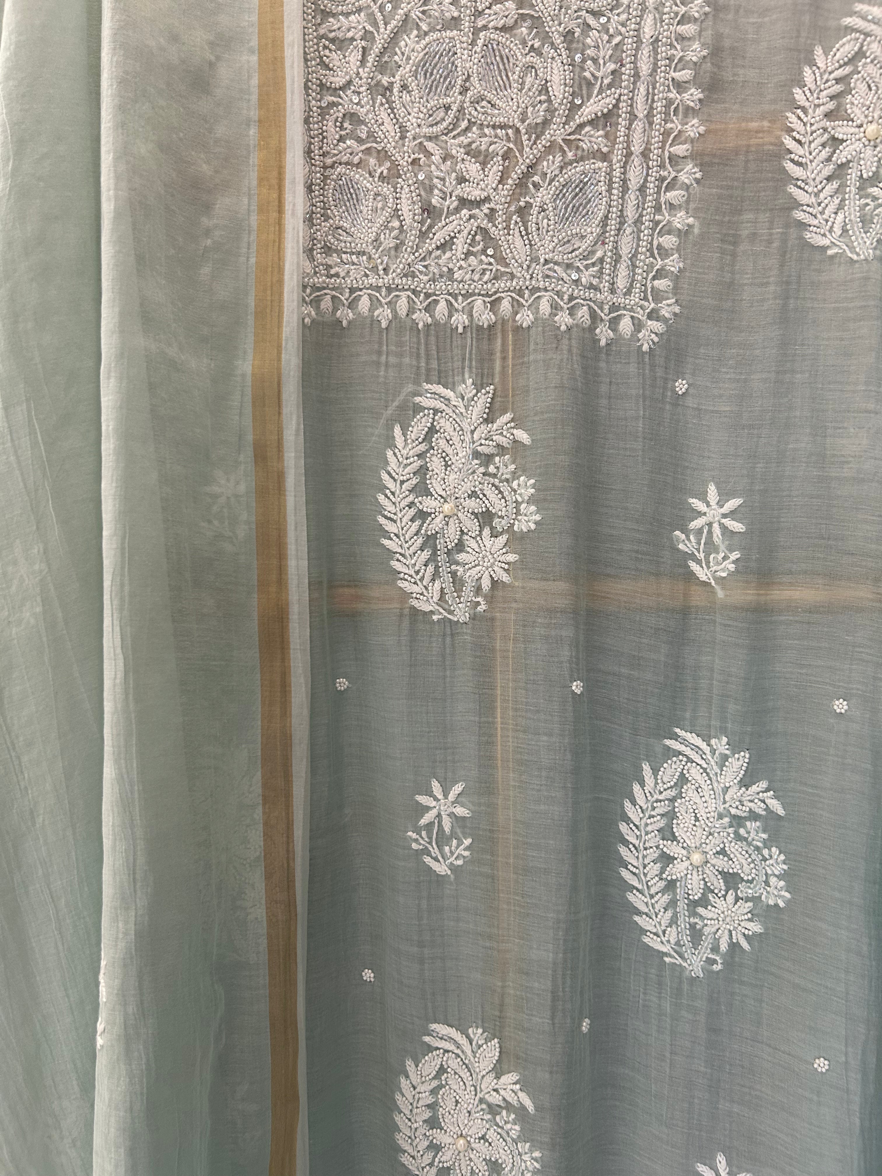 Green Mul Chanderi Chikankari Kurta Set