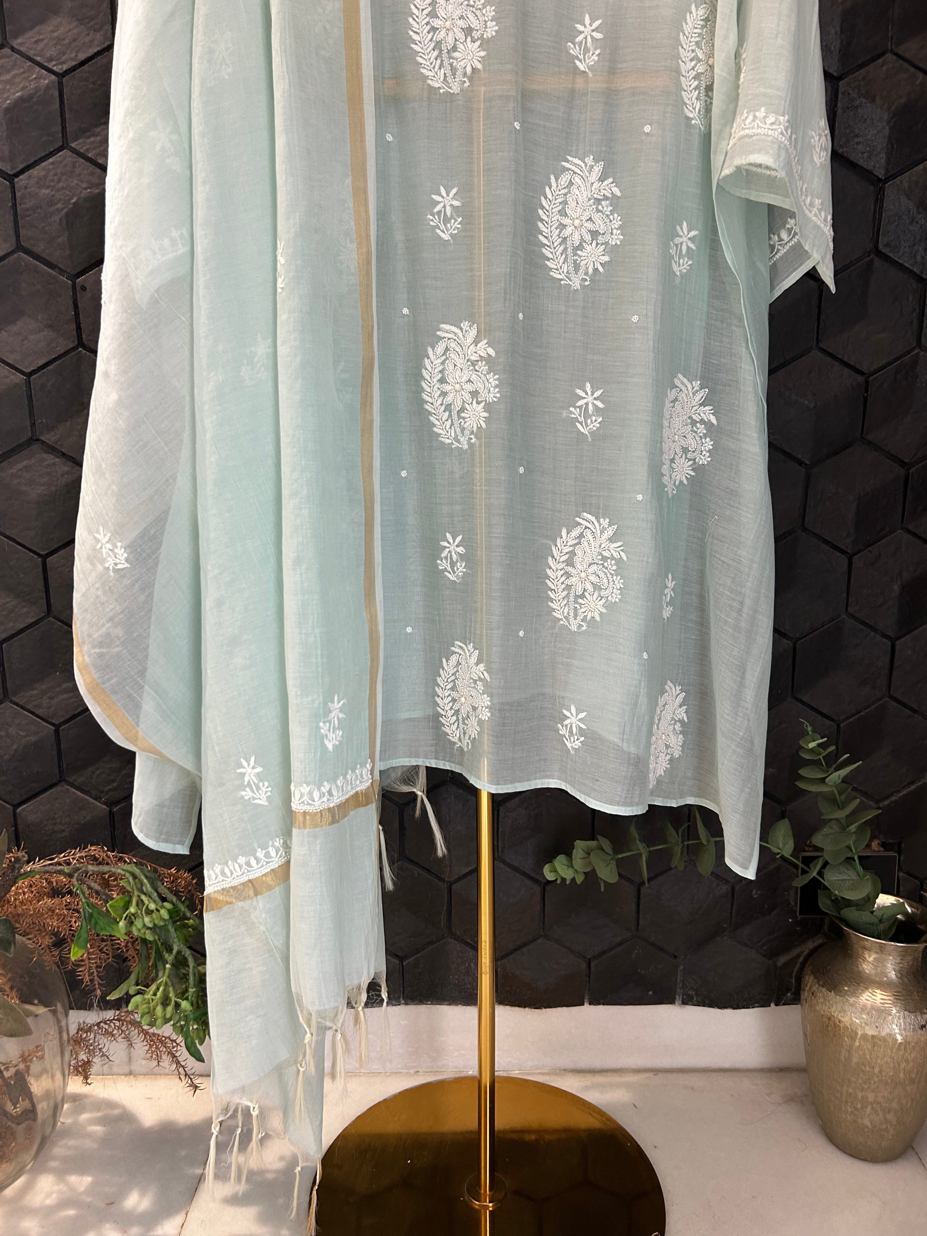 Green Mul Chanderi Chikankari Kurta Set