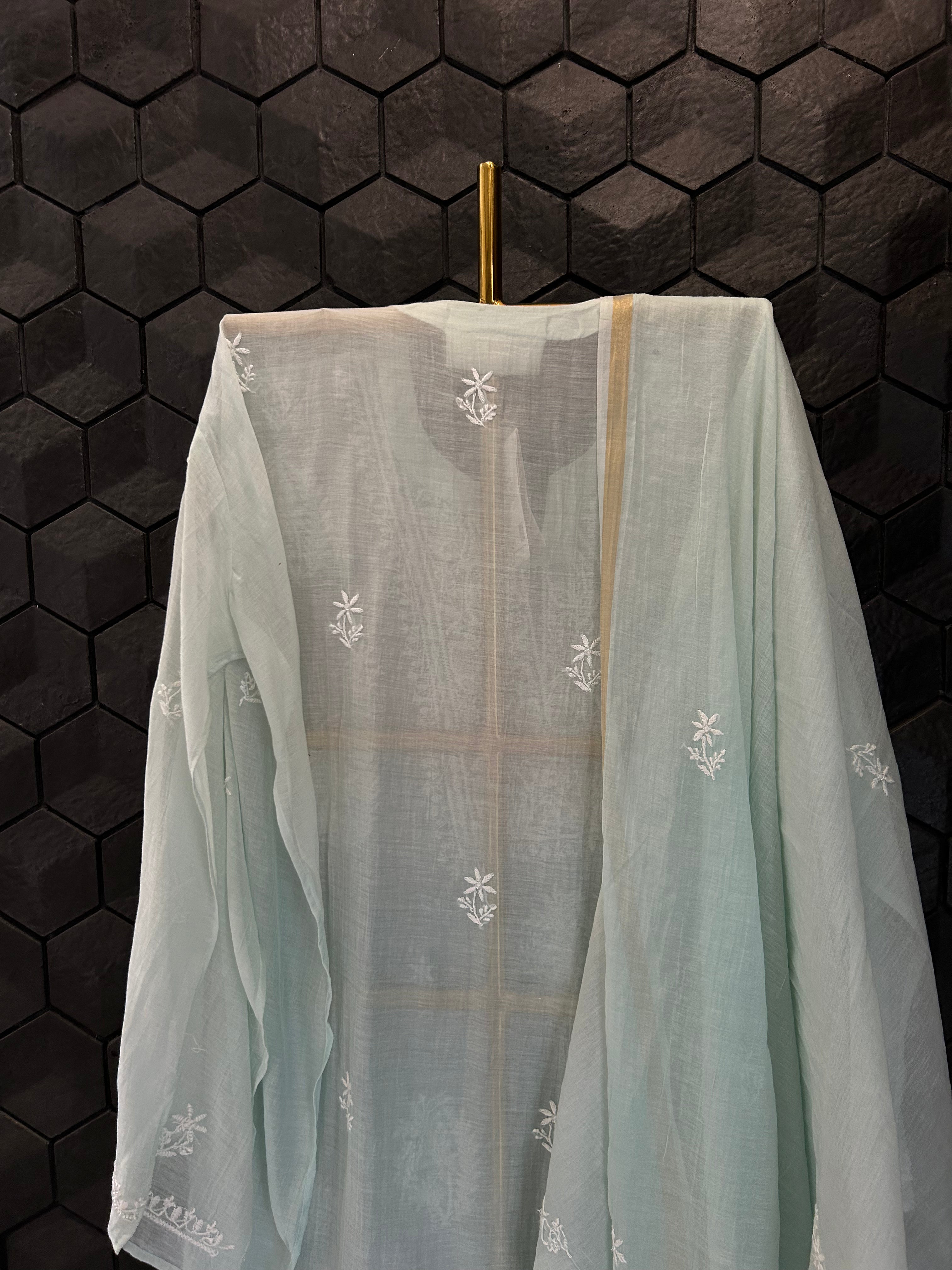 Green Mul Chanderi Chikankari Kurta Set
