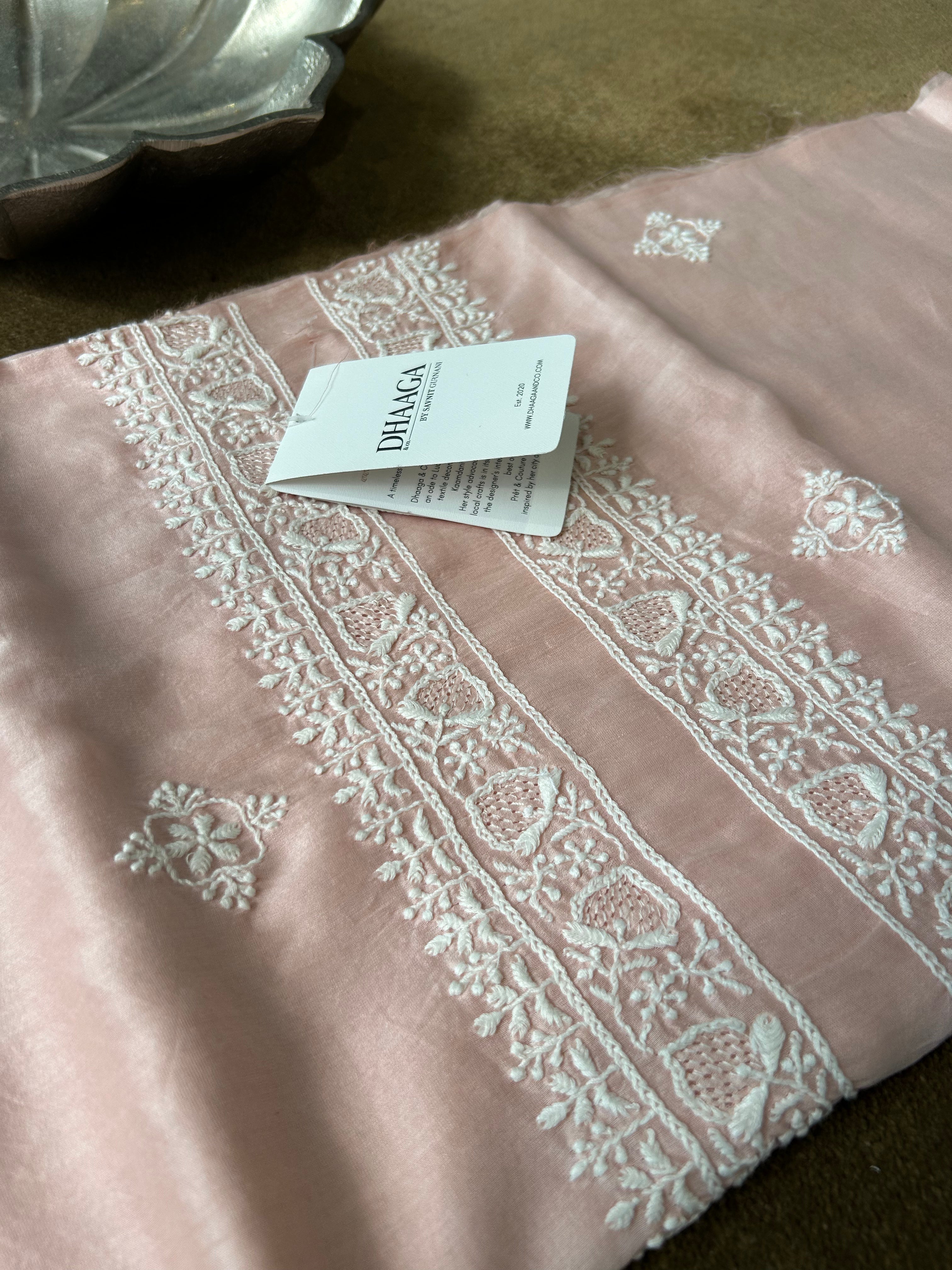 Pink Chanderi Chikankari Mens Kurta
