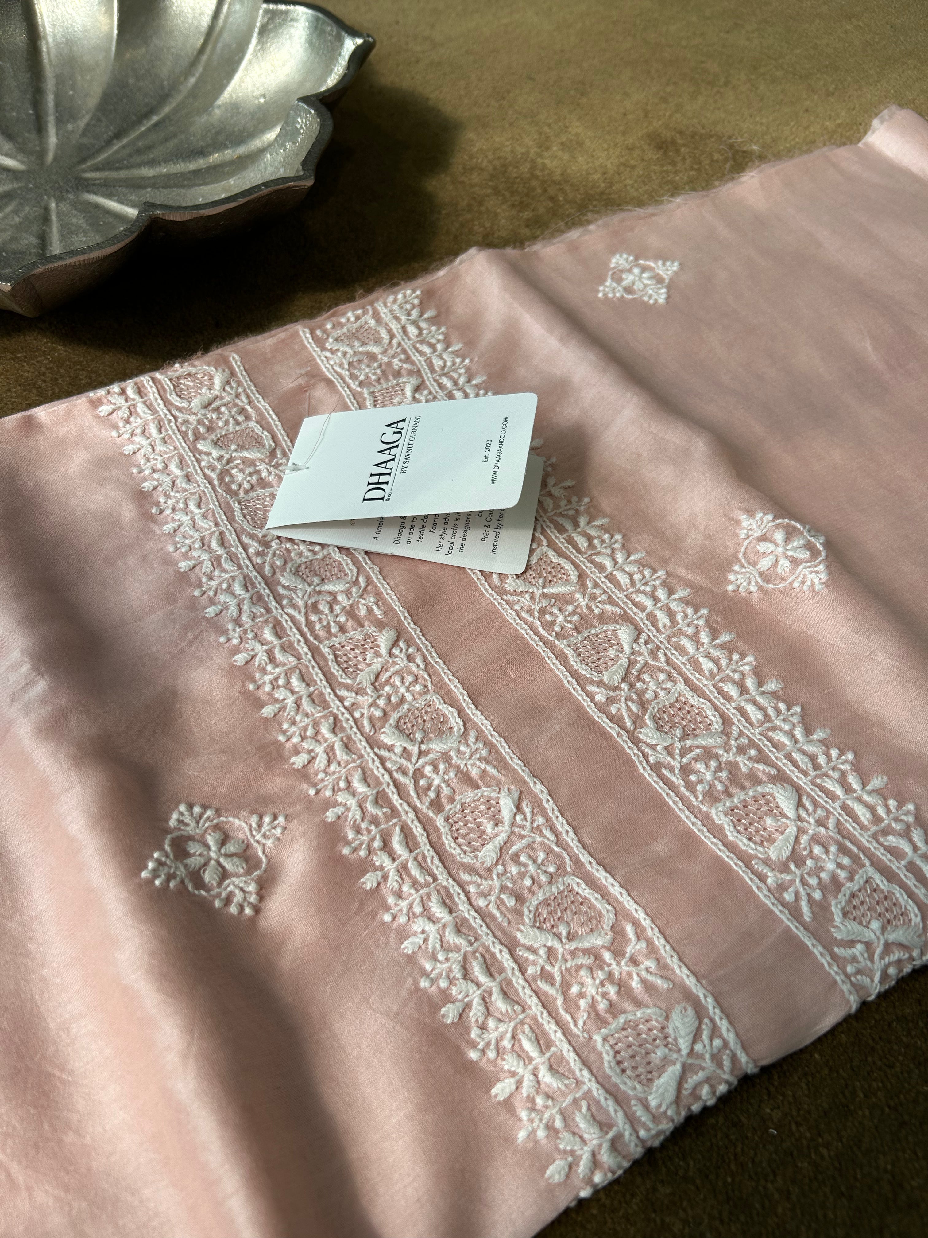 Pink Chanderi Chikankari Mens Kurta