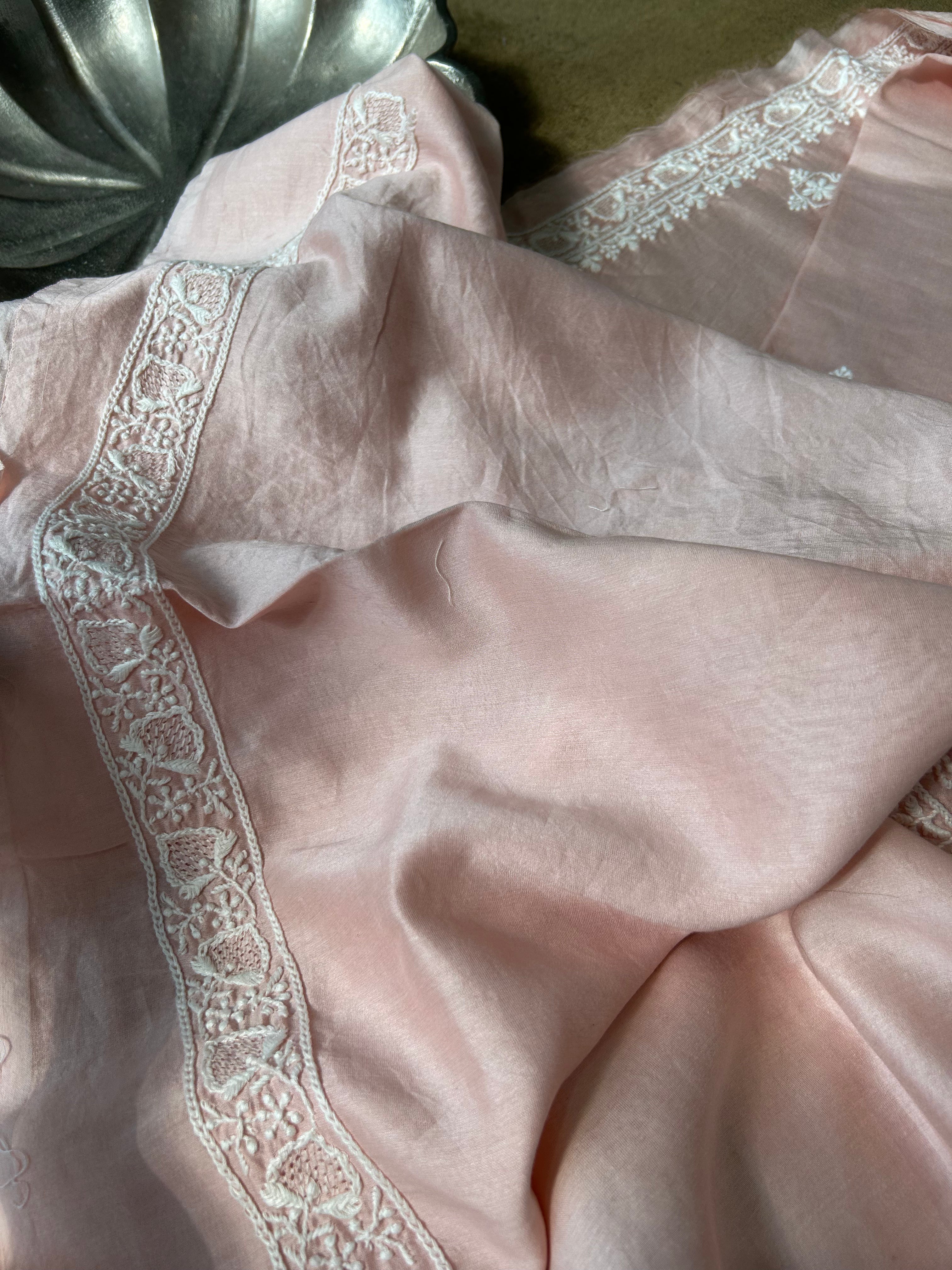 Pink Chanderi Chikankari Mens Kurta