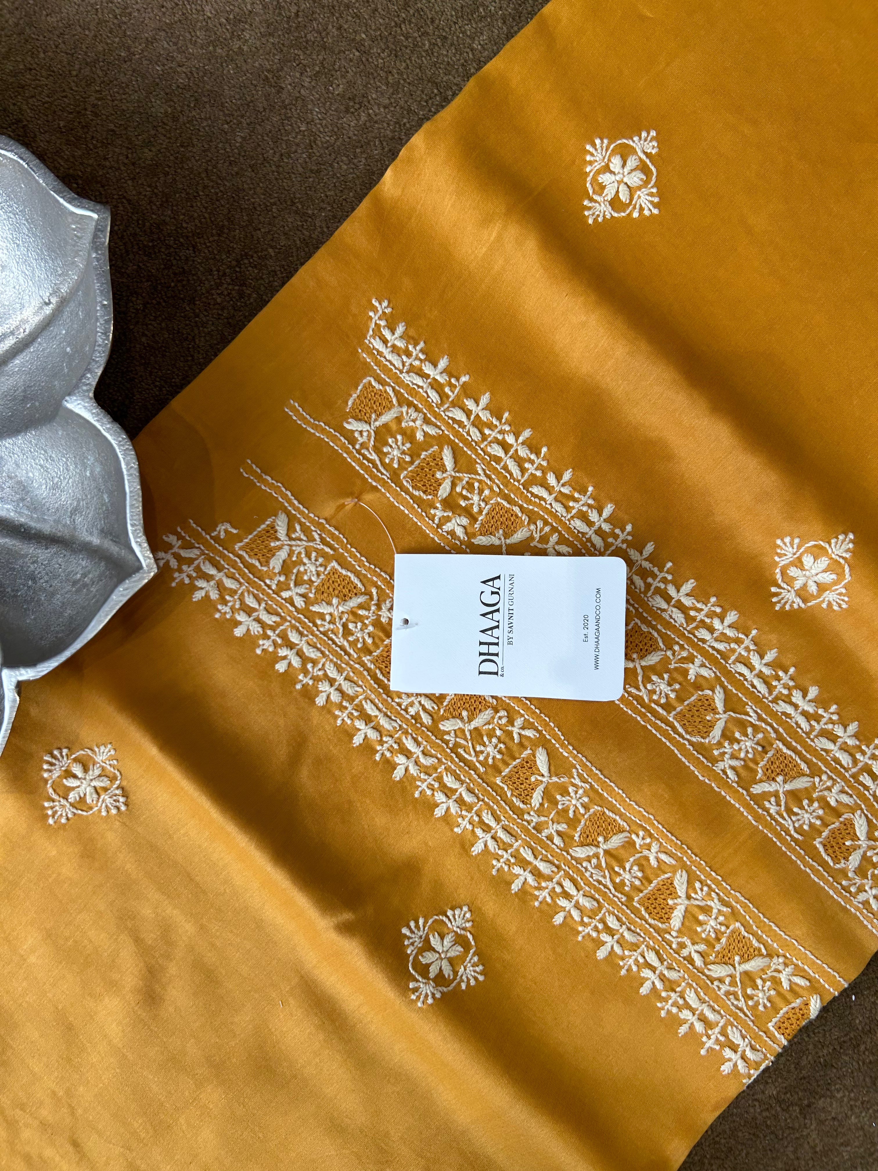 Mustard Chanderi Chikankari Mens kurta