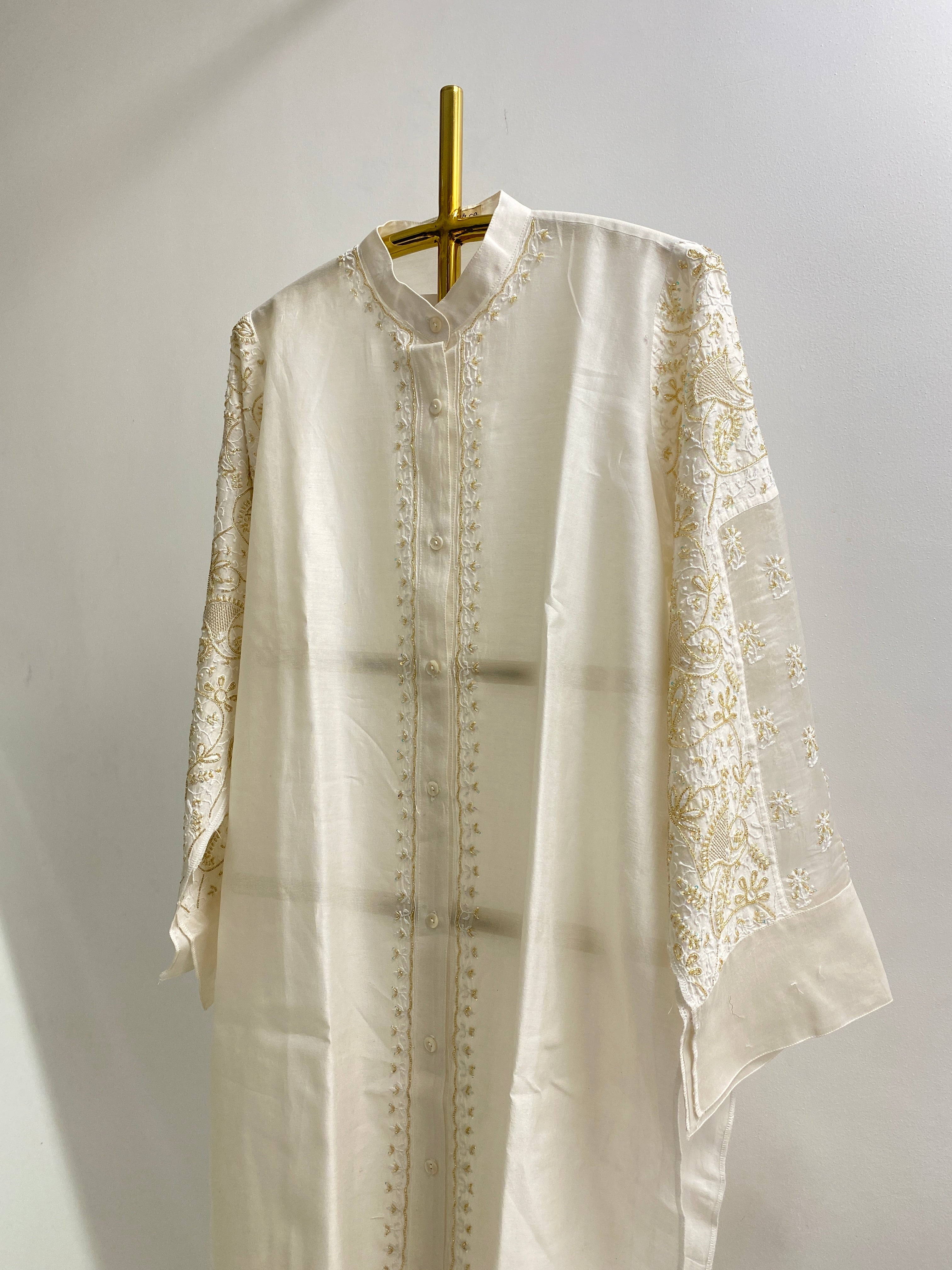 White Chanderi Chikankari Long Kurta