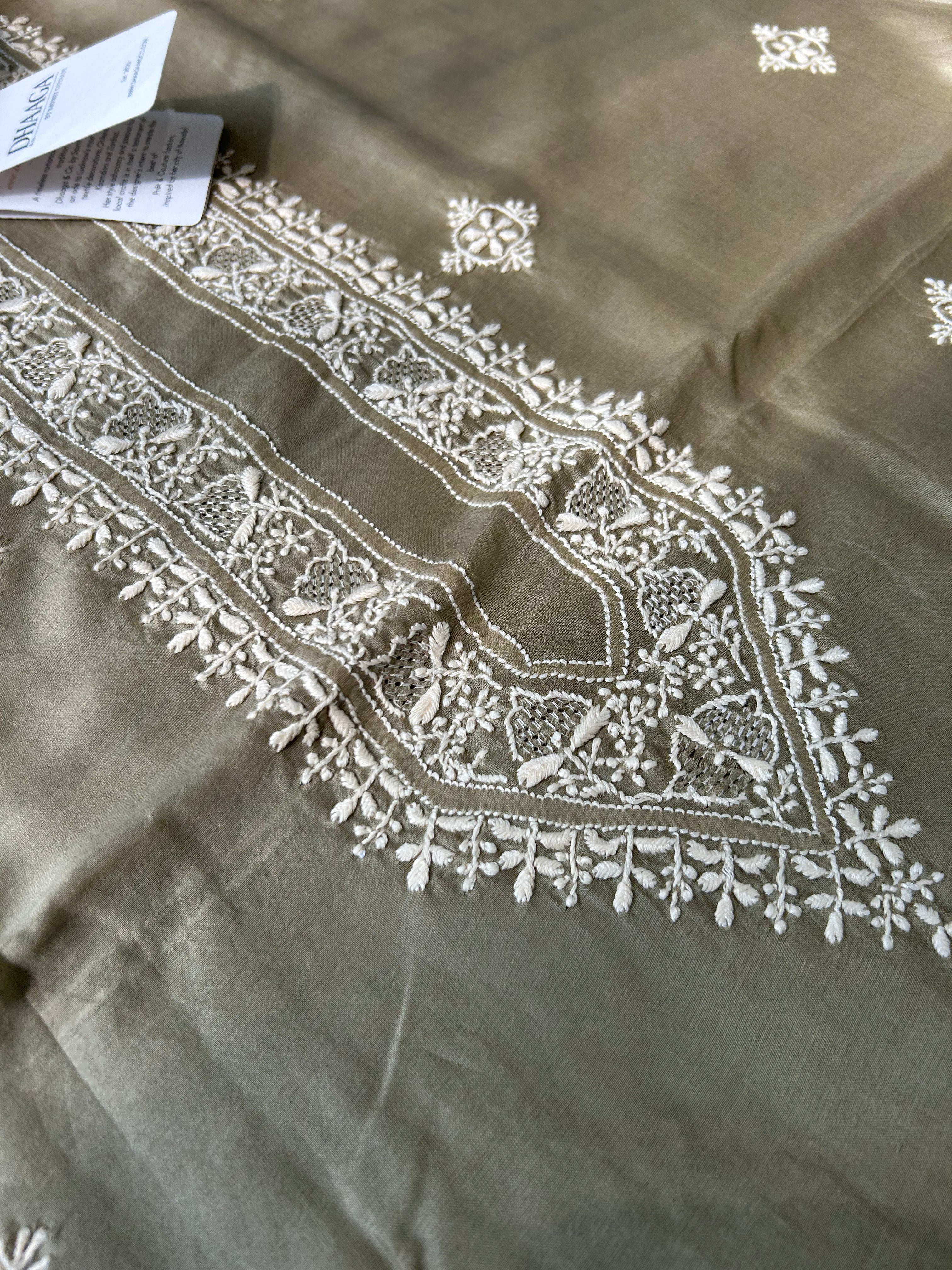Green Chanderi Chikankari Mens Kurta