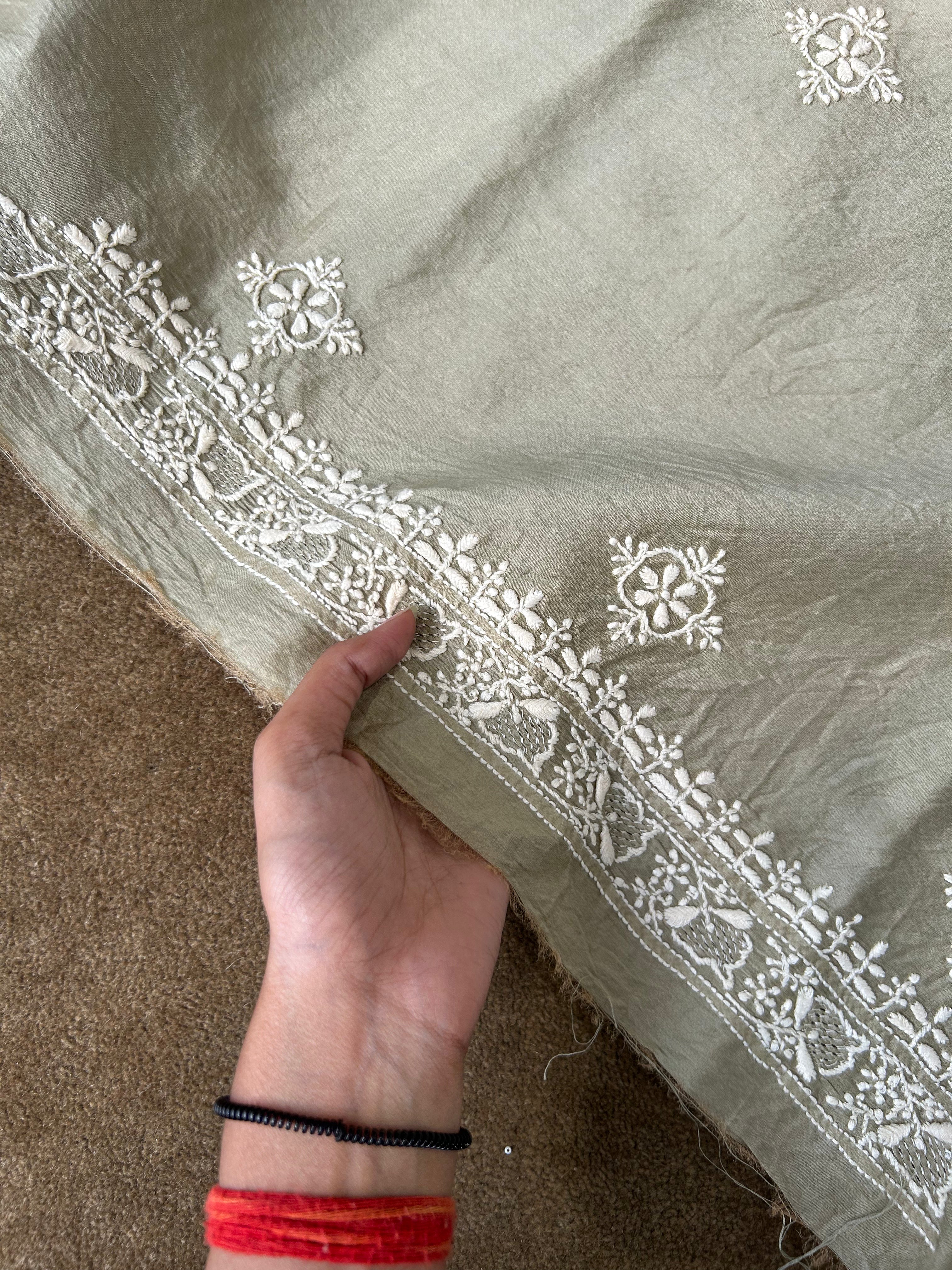 Green Chanderi Chikankari Mens Kurta