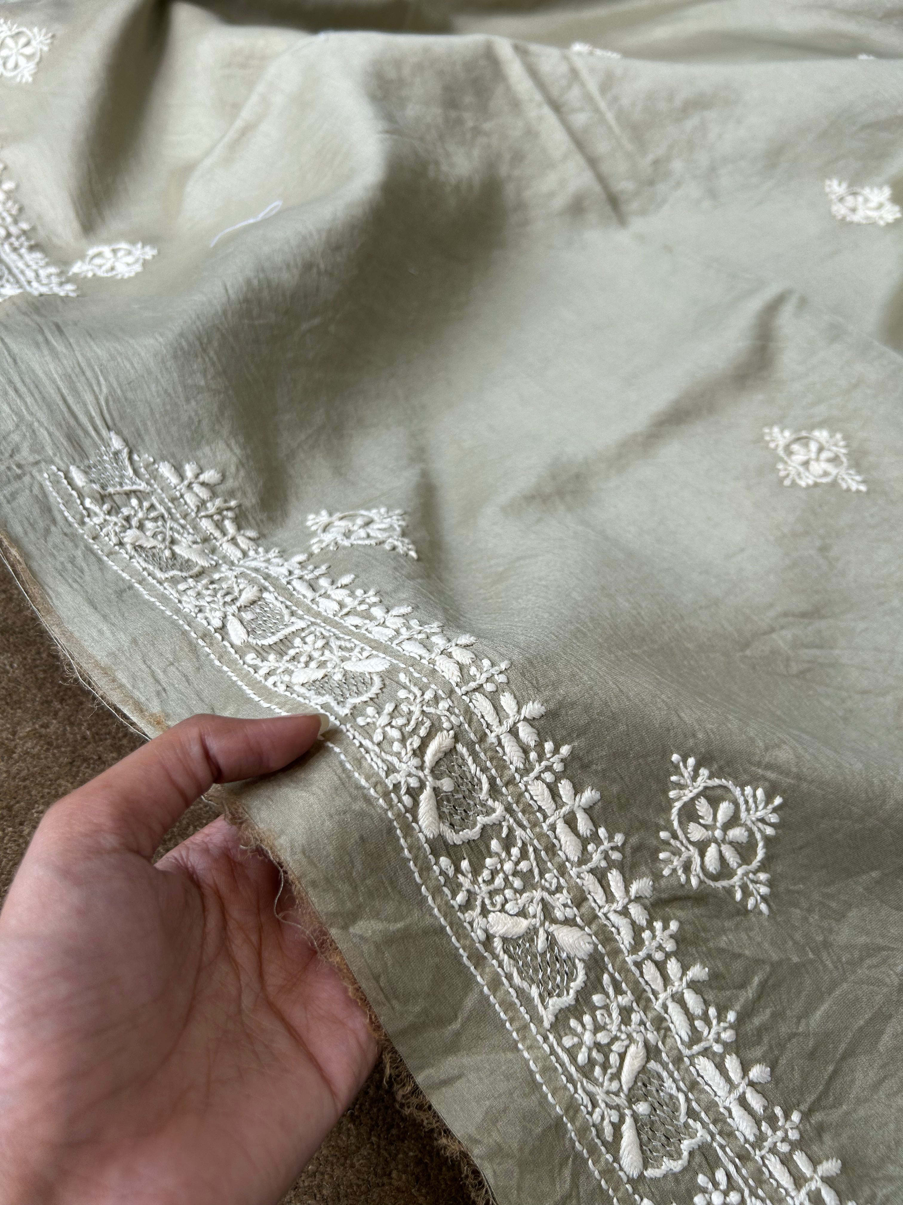 Green Chanderi Chikankari Mens Kurta