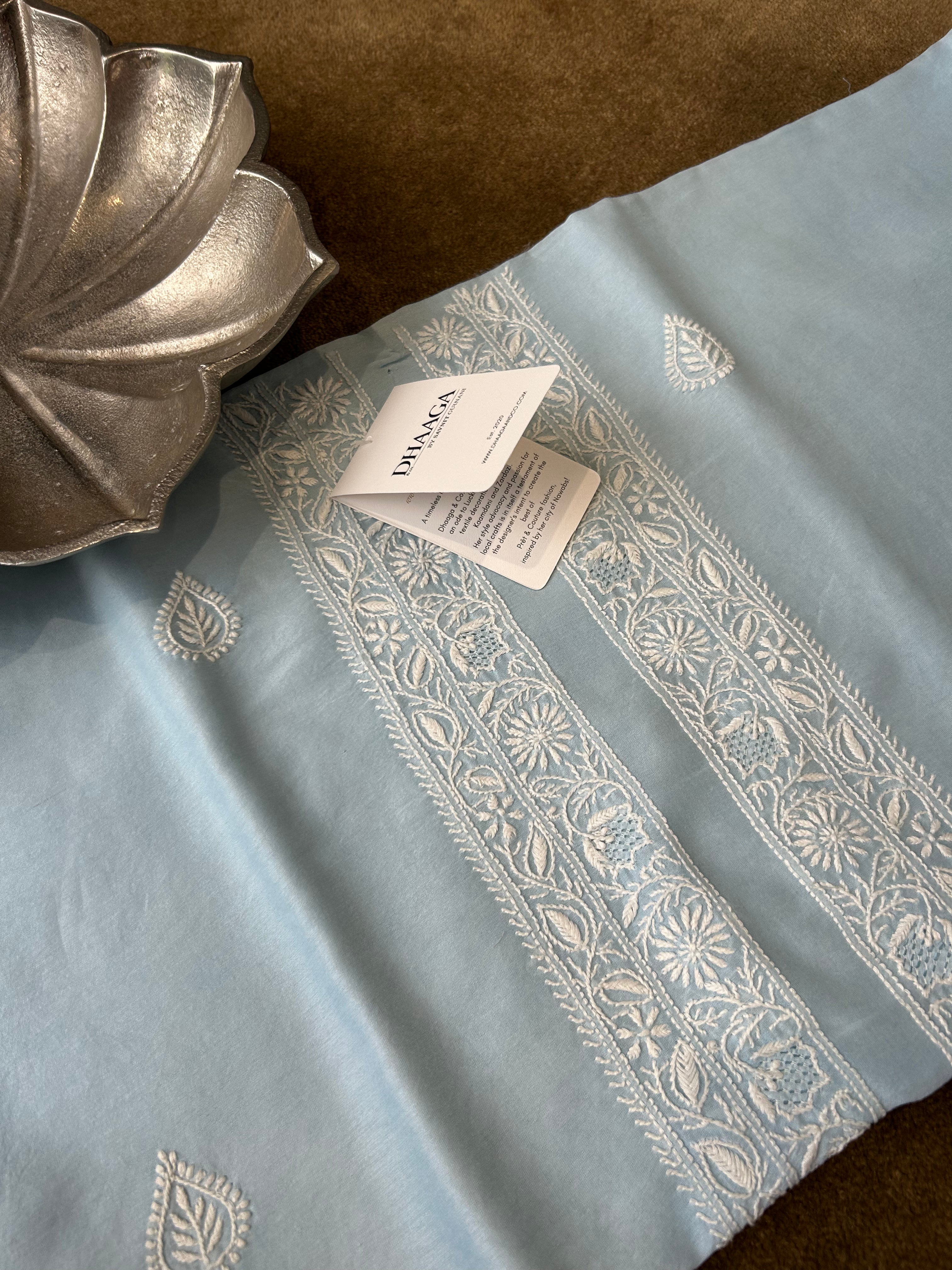 Sky Blue Chanderi Chikankari Mens kurta