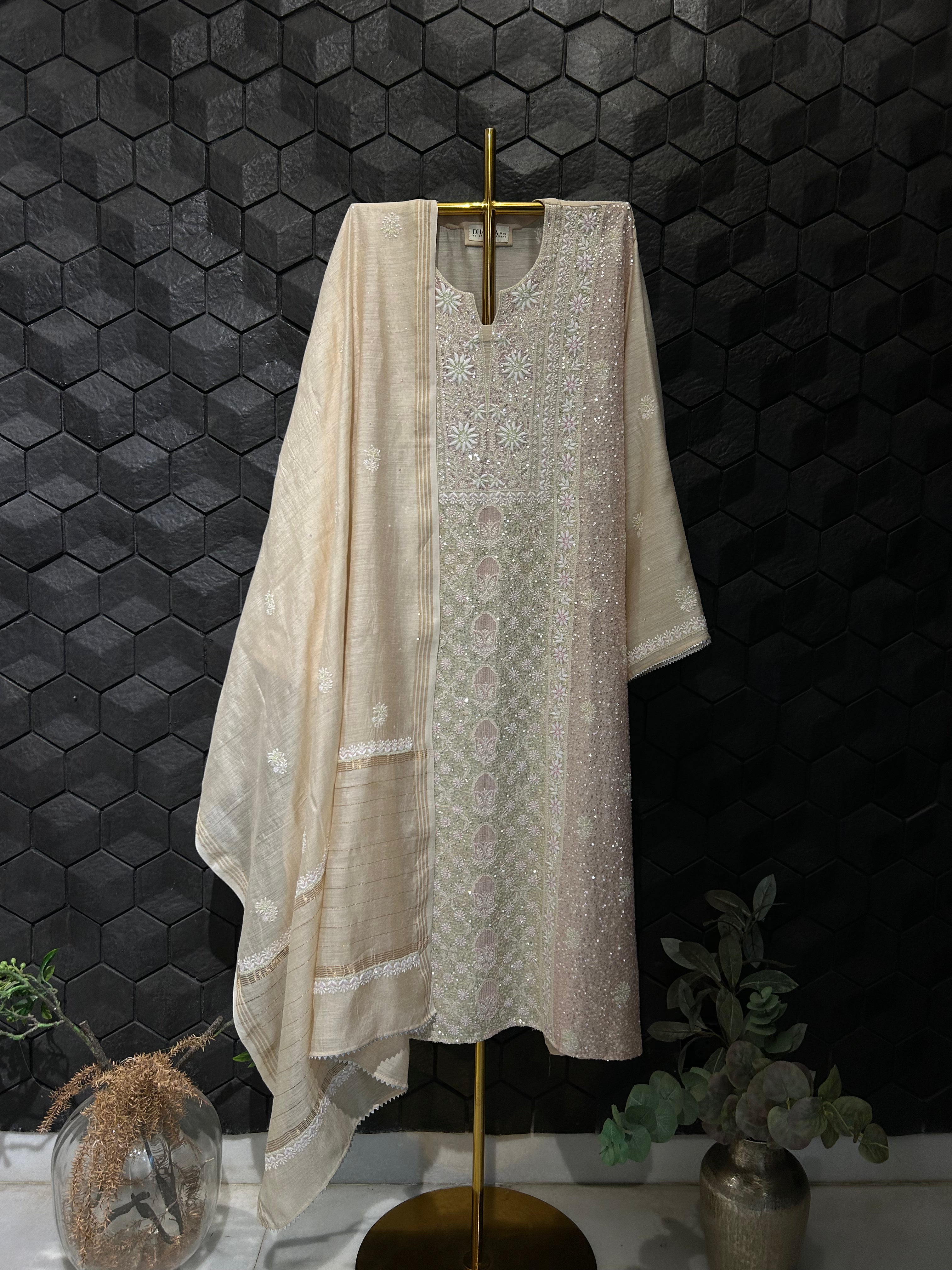 Beige Munga Silk Chikankari Kurta Set